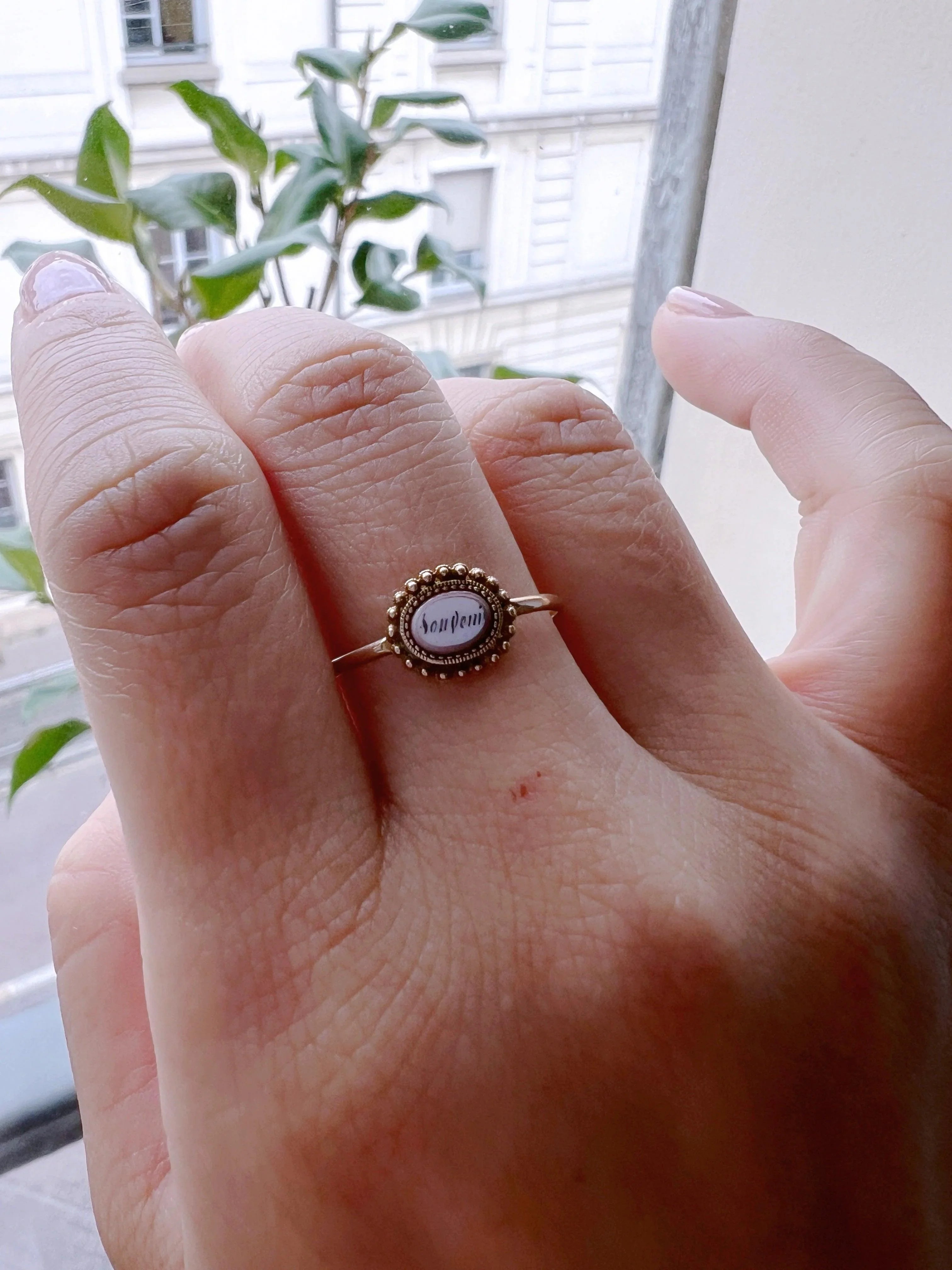 Rare Georgian era 18K gold white enamel “Souvenir” ring - Curiously timeless