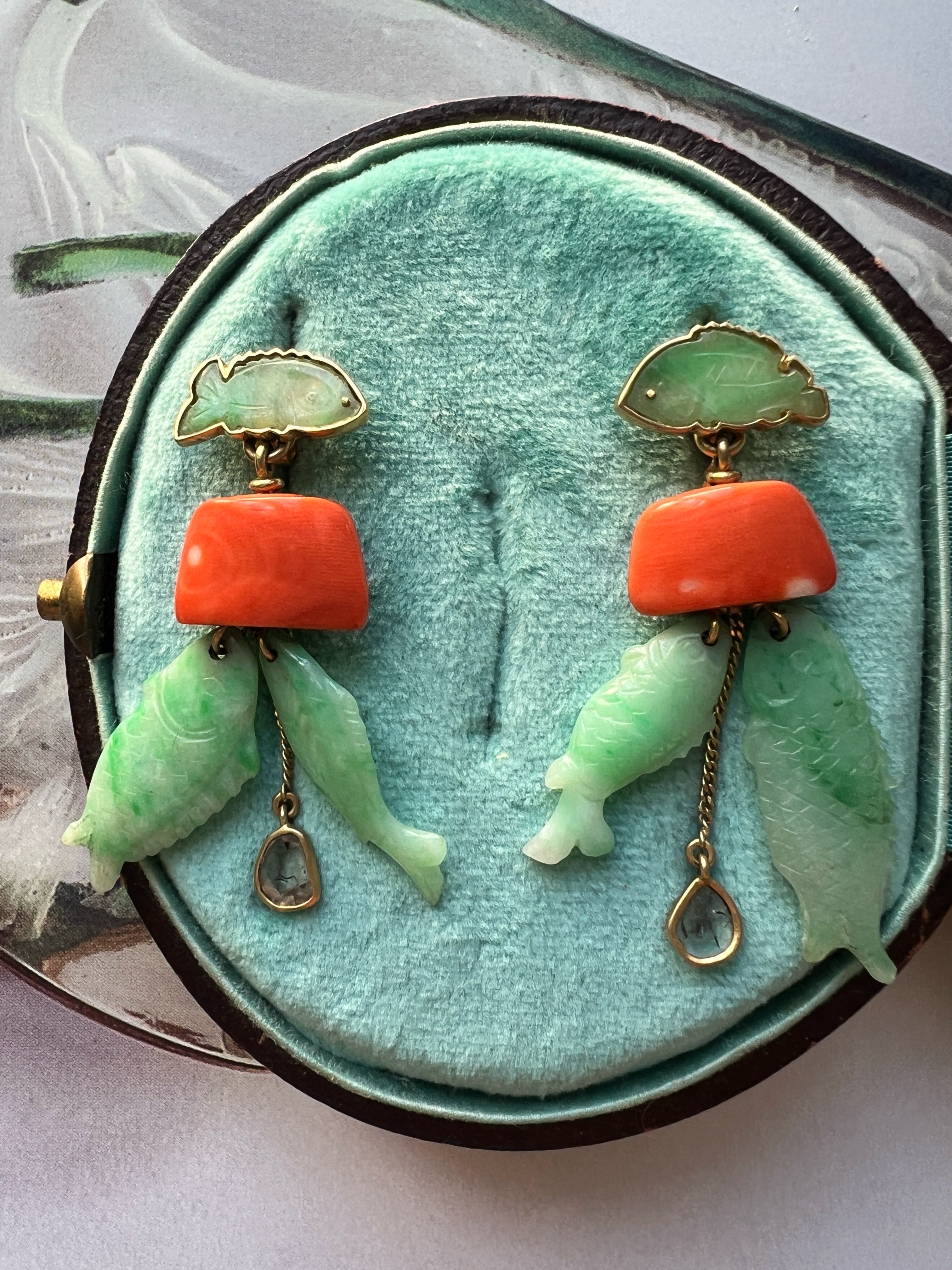 Maria Grazia Baldan 18K Gold Jade, Coral & Diamond fish Earrings