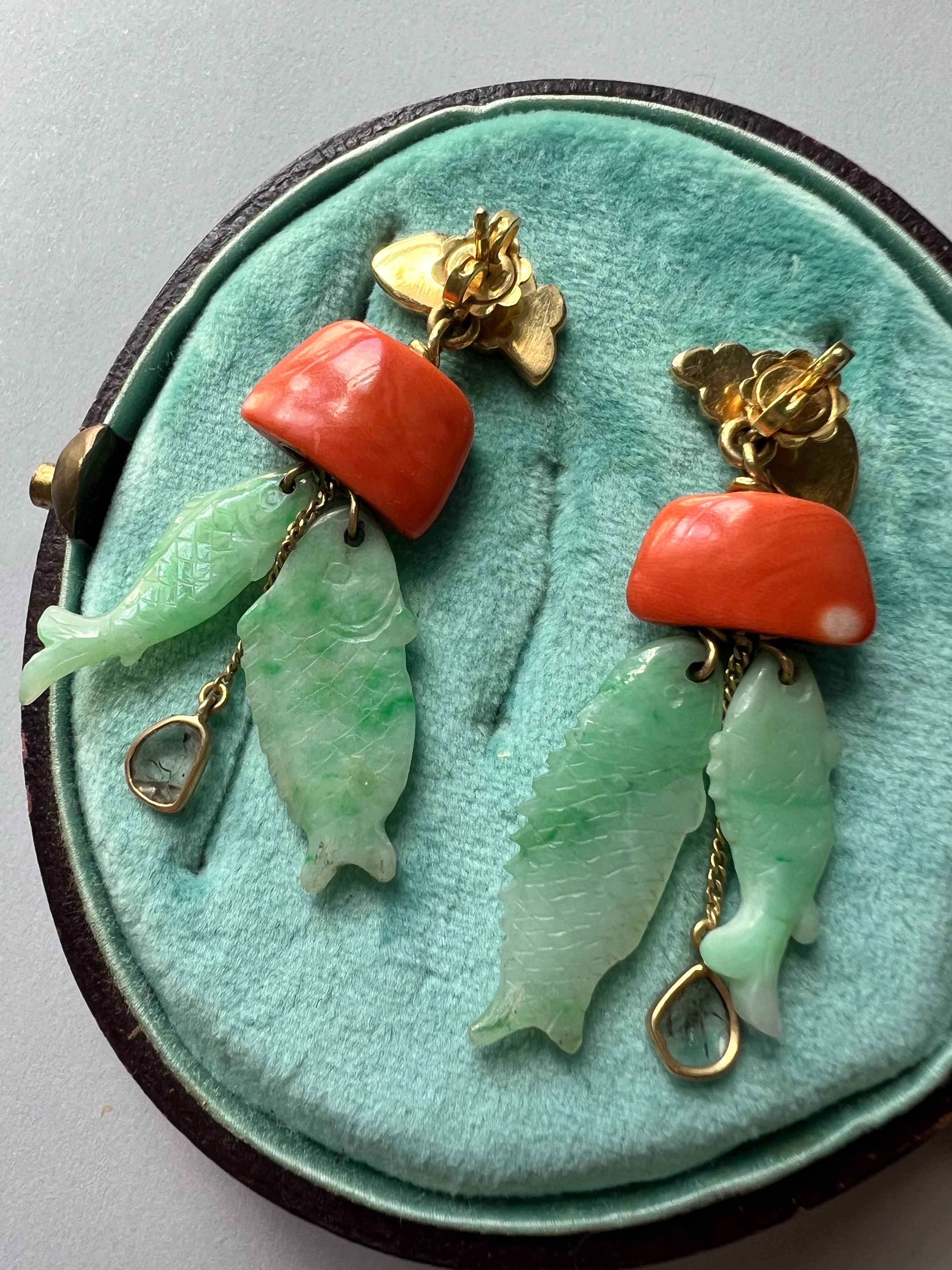 Maria Grazia Baldan 18K Gold Jade, Coral & Diamond fish Earrings