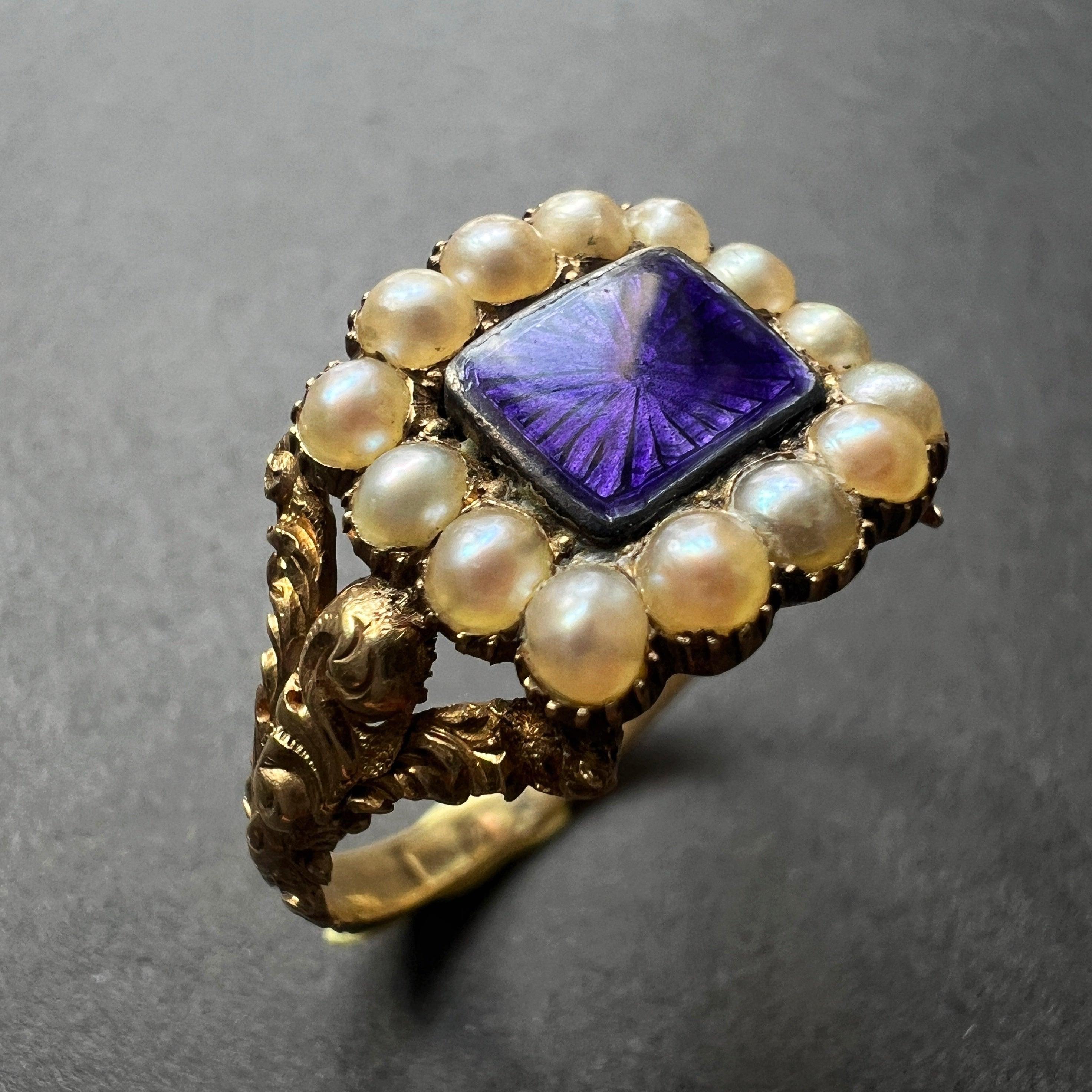 Georgian Era 18K Gold & Guilloché Enamel Pearl Ring
