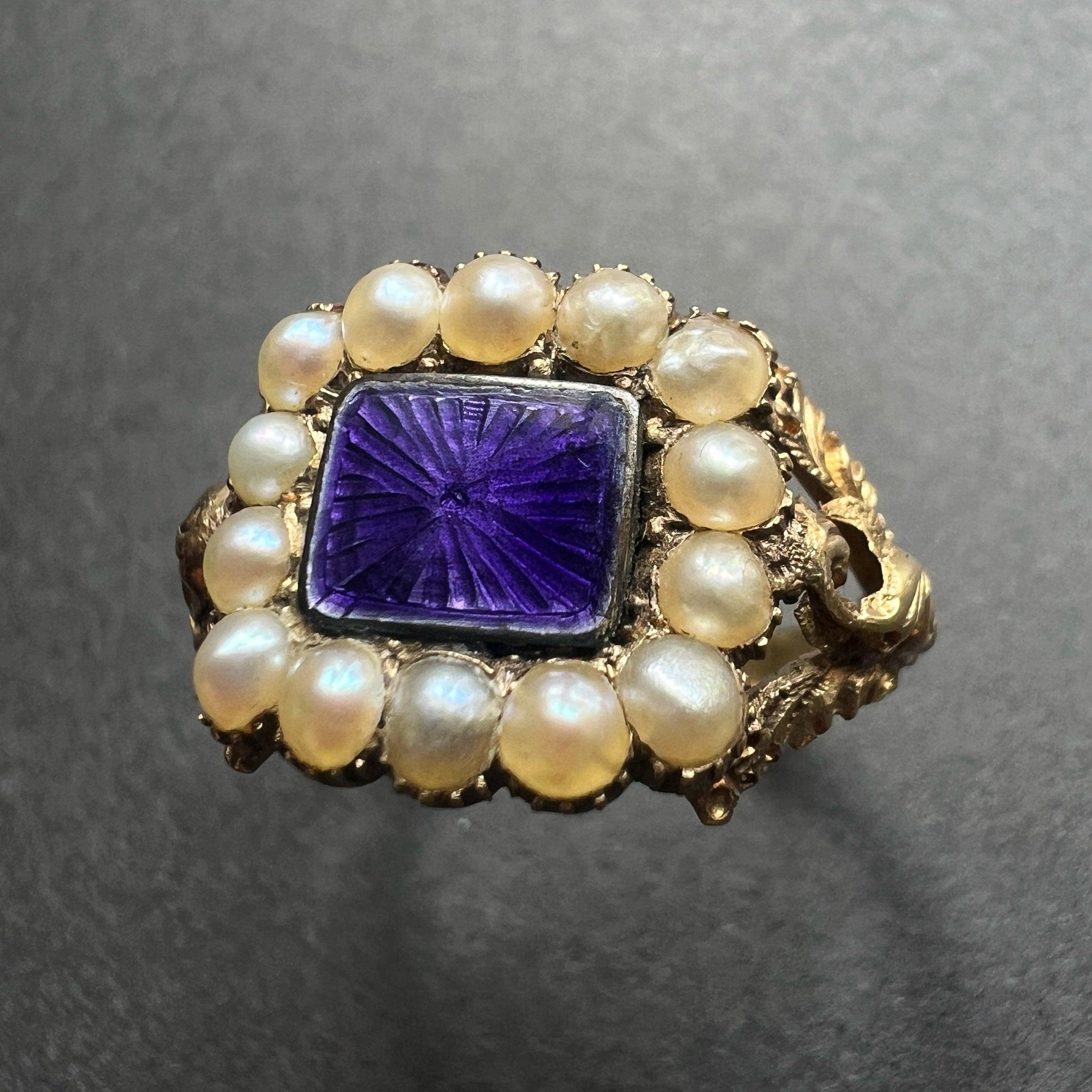 Georgian Era 18K Gold & Guilloché Enamel Pearl Ring