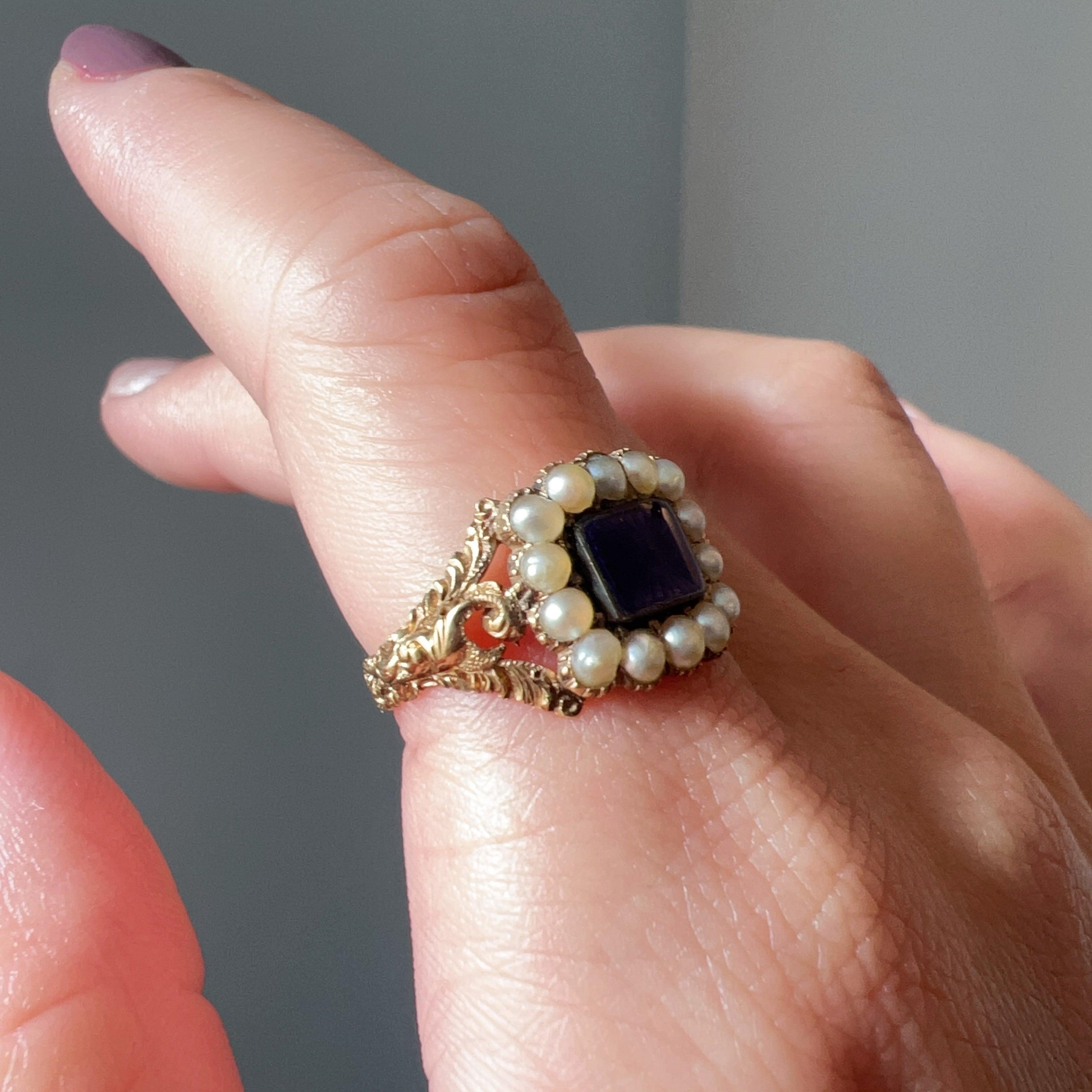 Georgian Era 18K Gold & Guilloché Enamel Pearl Ring