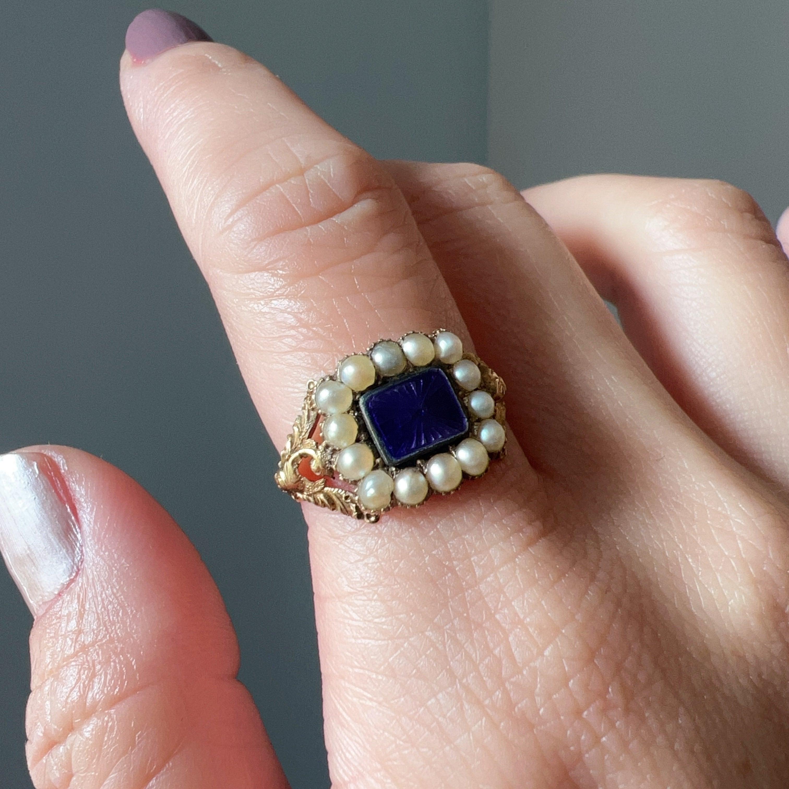 Georgian Era 18K Gold & Guilloché Enamel Pearl Ring