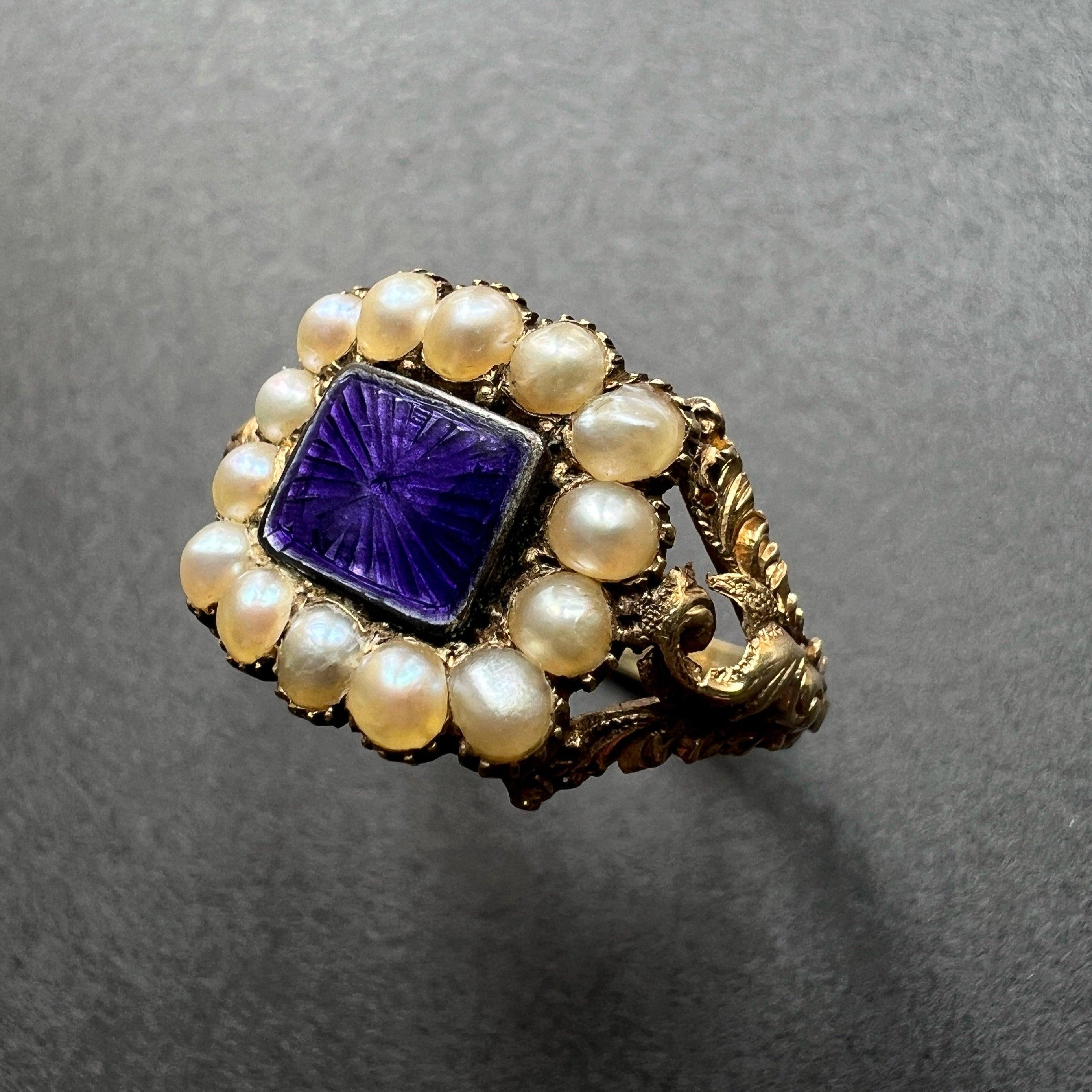Georgian Era 18K Gold & Guilloché Enamel Pearl Ring