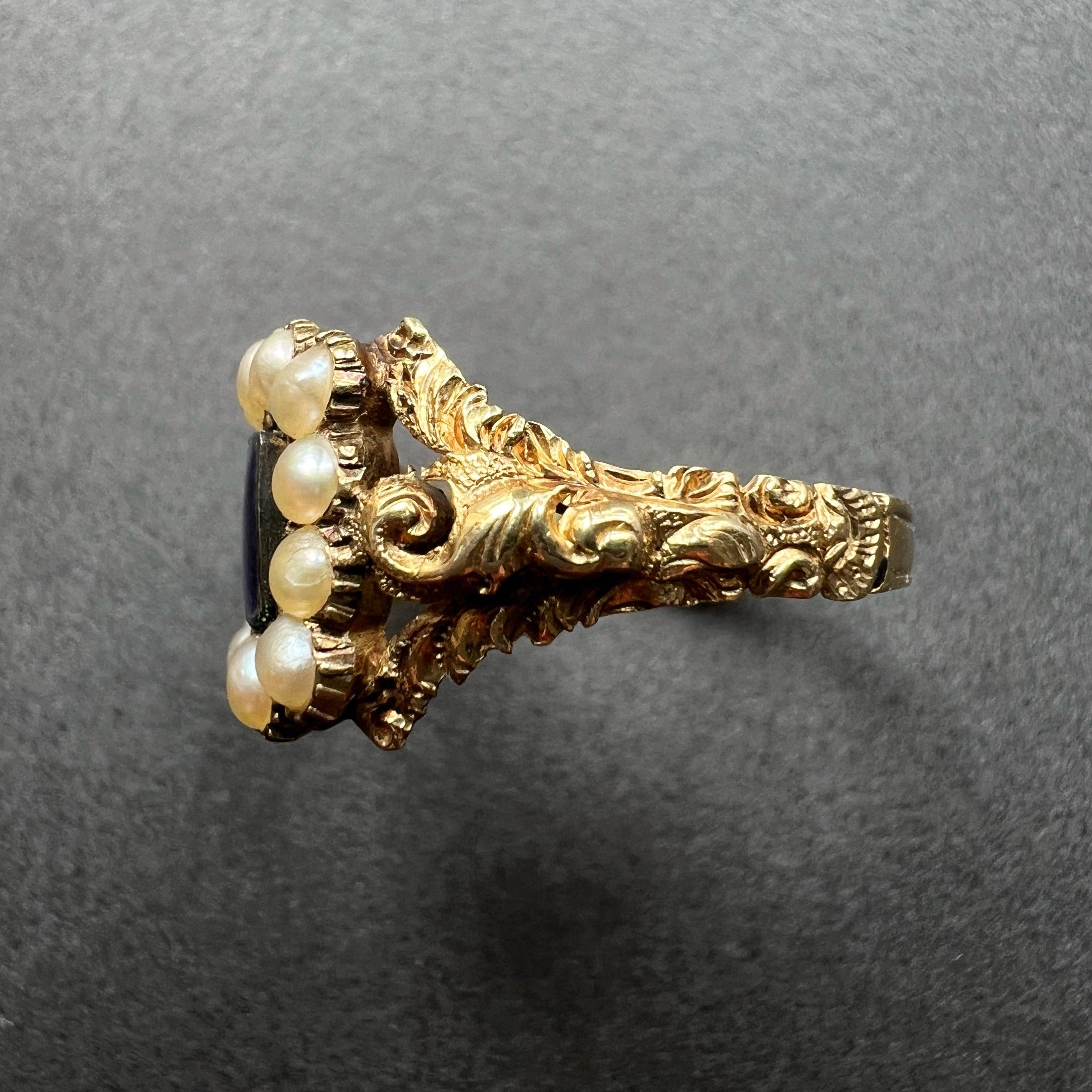Georgian Era 18K Gold & Guilloché Enamel Pearl Ring
