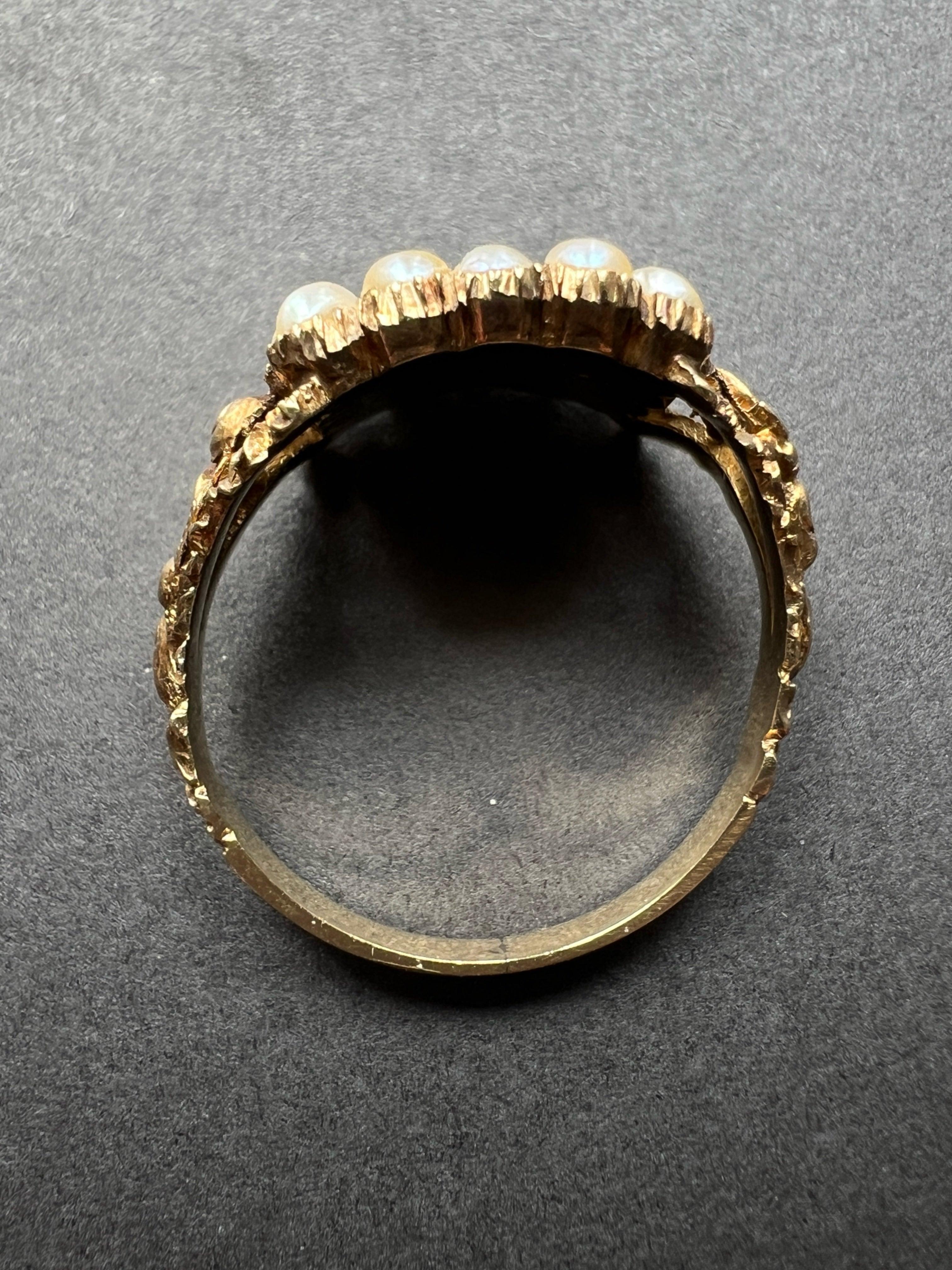 Georgian Era 18K Gold & Guilloché Enamel Pearl Ring