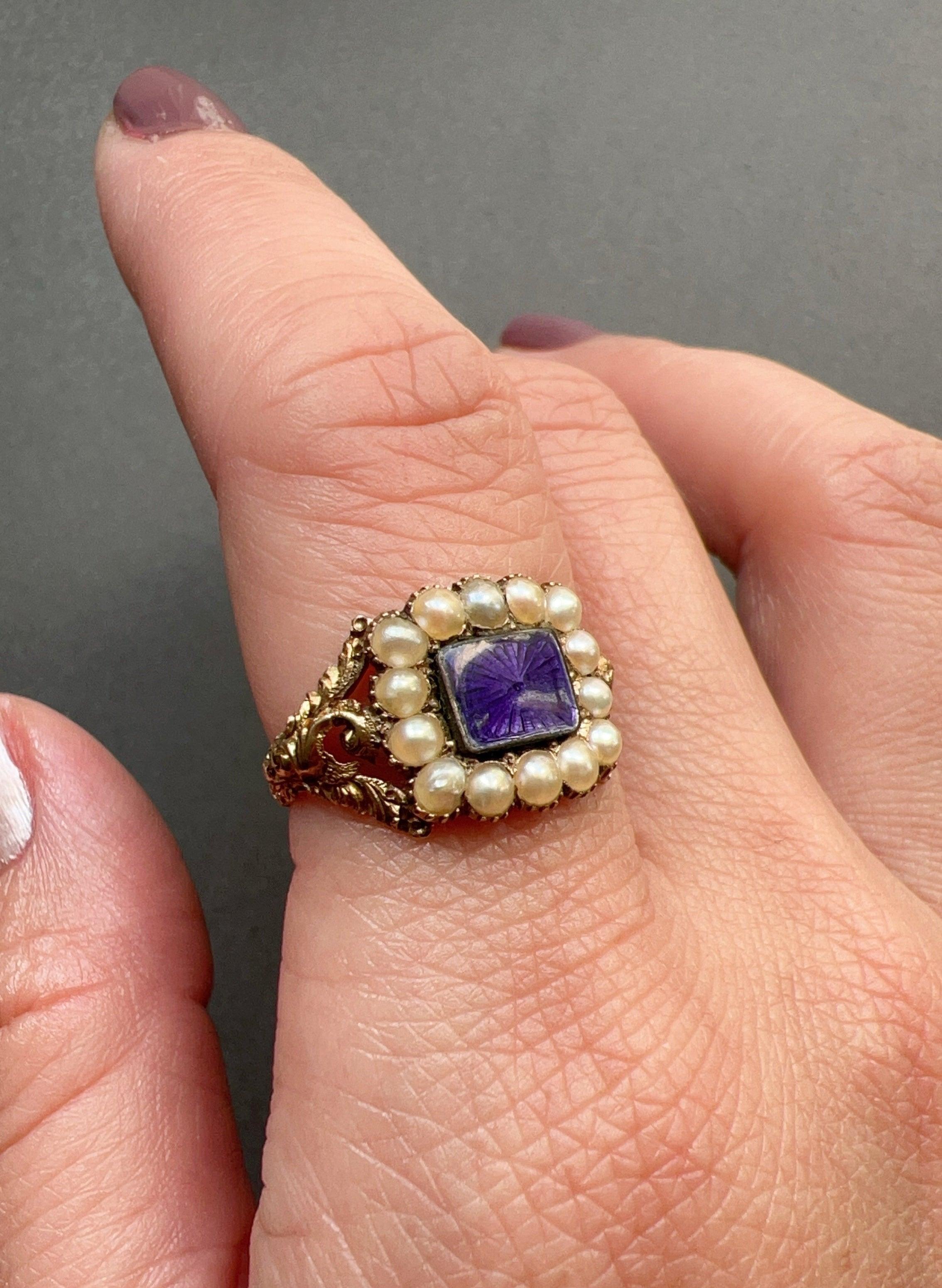 Georgian Era 18K Gold & Guilloché Enamel Pearl Ring