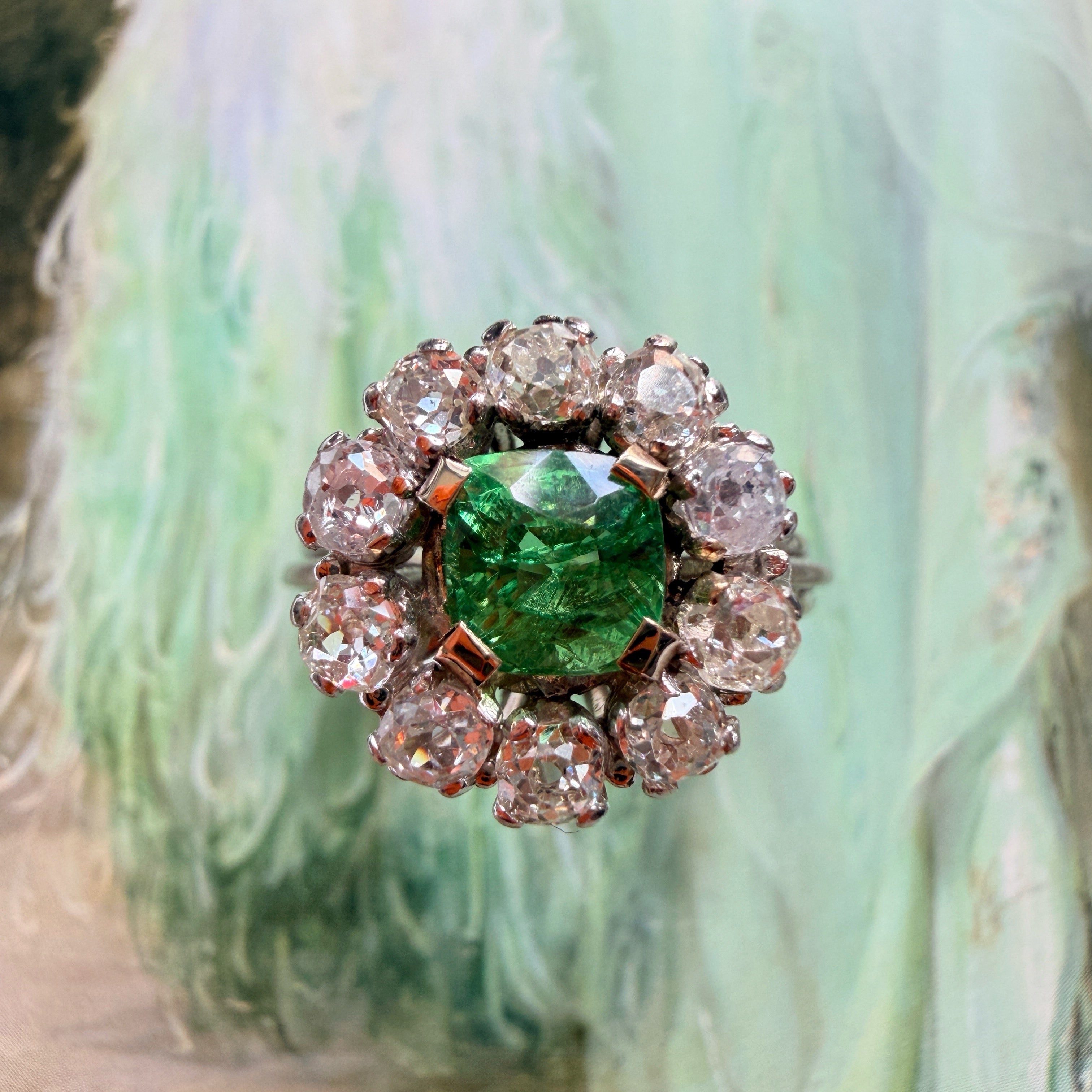 18K white gold green tsavorite garnet diamond cluster ring