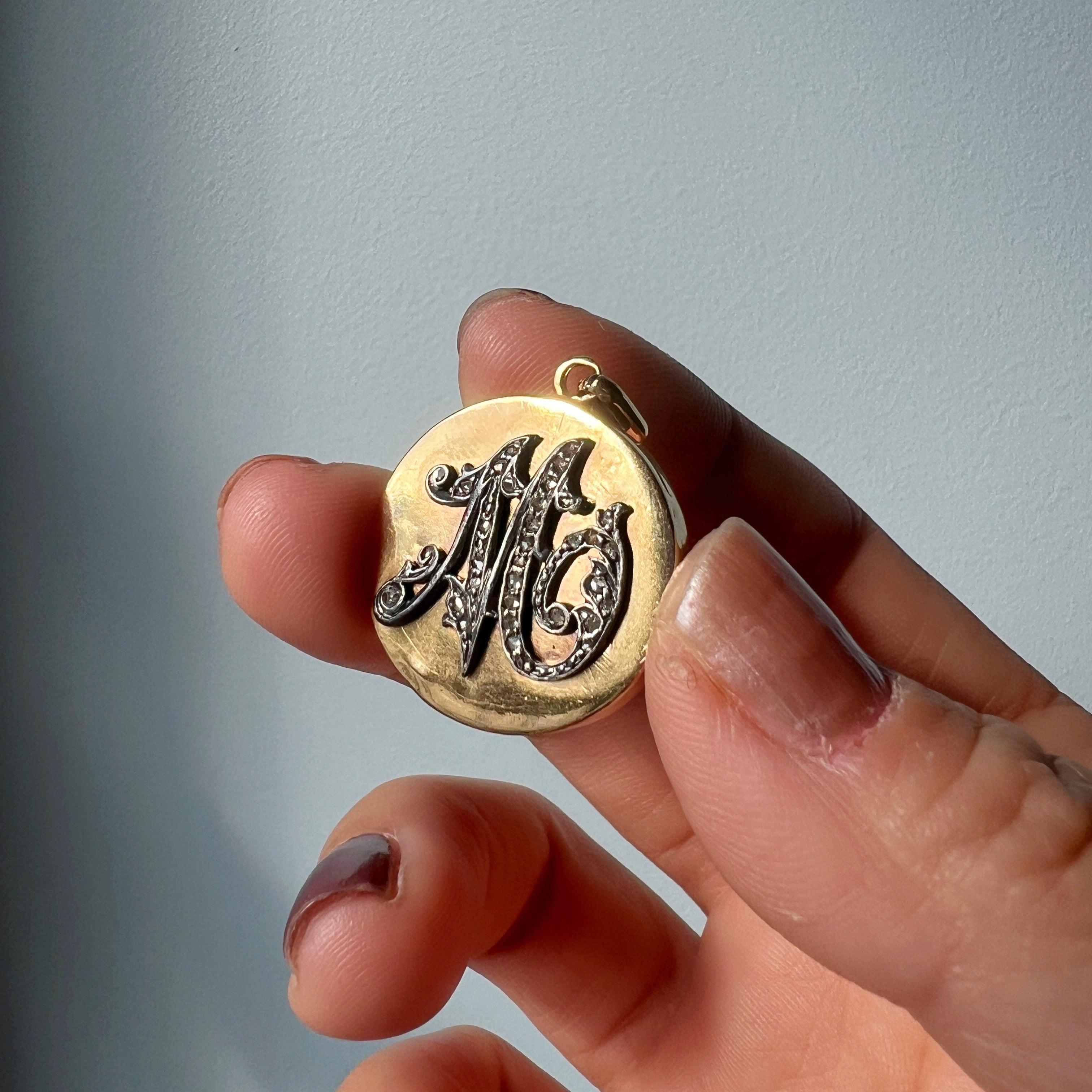 Victorian Era 14K Gold Diamond "M" Locket Pendant
