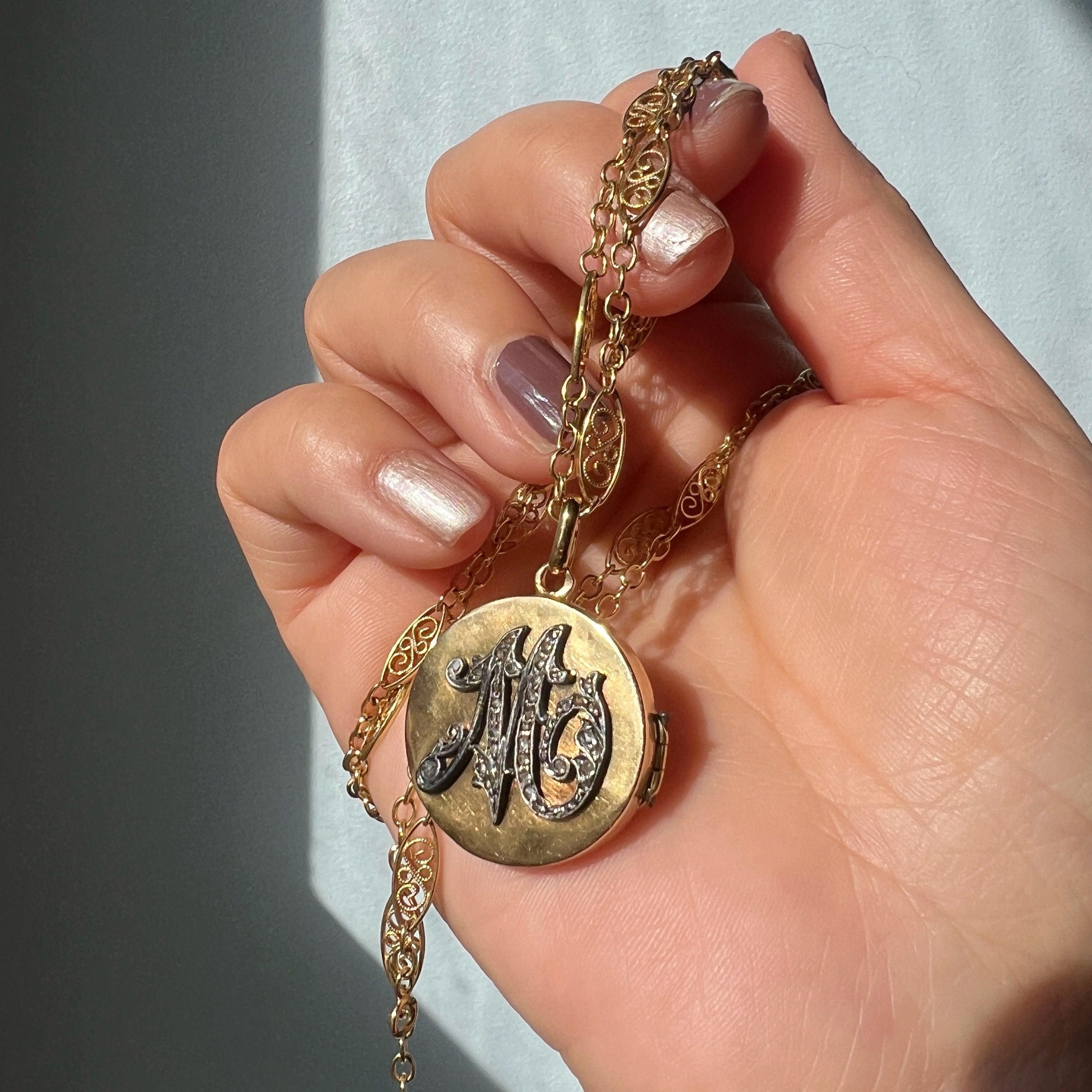 Victorian Era 14K Gold Diamond "M" Locket Pendant