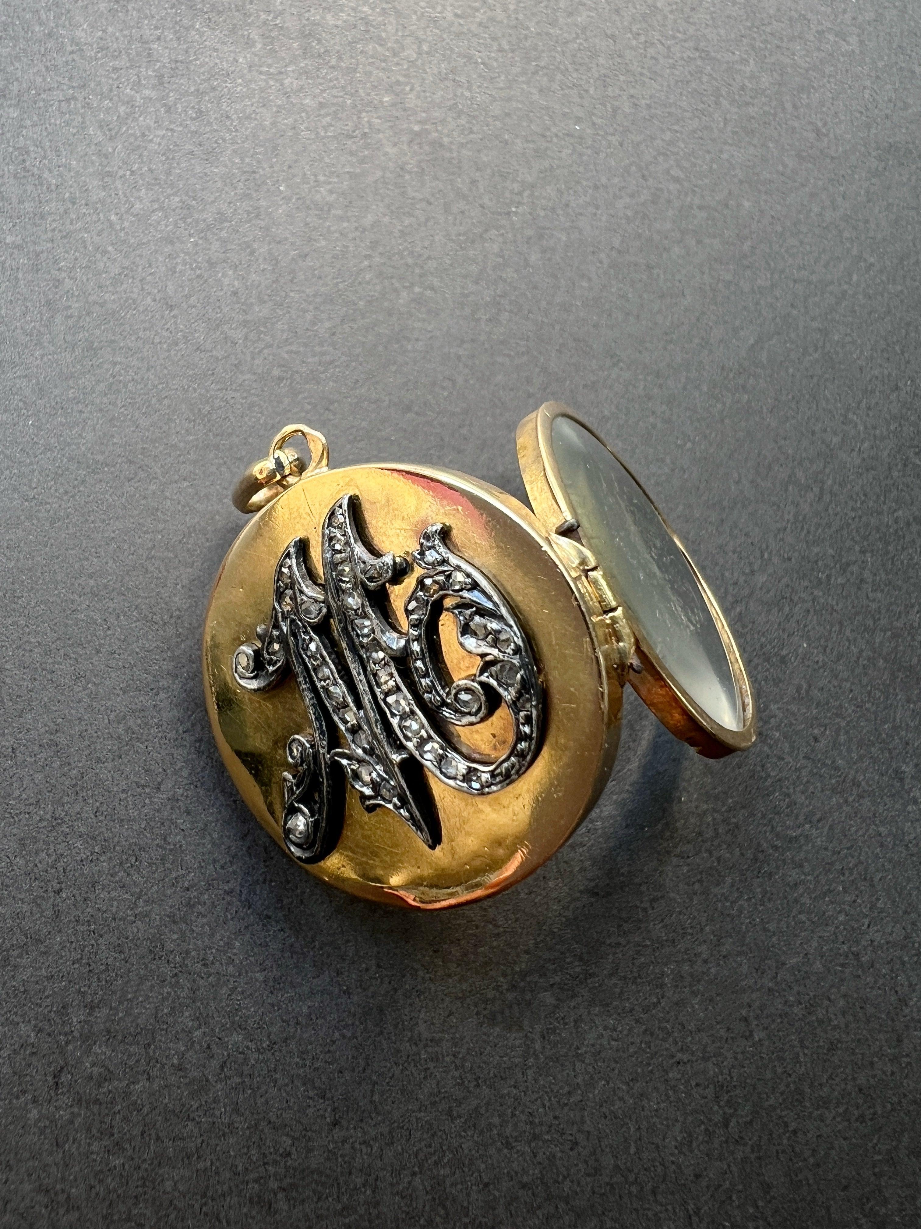 Victorian Era 14K Gold Diamond "M" Locket Pendant