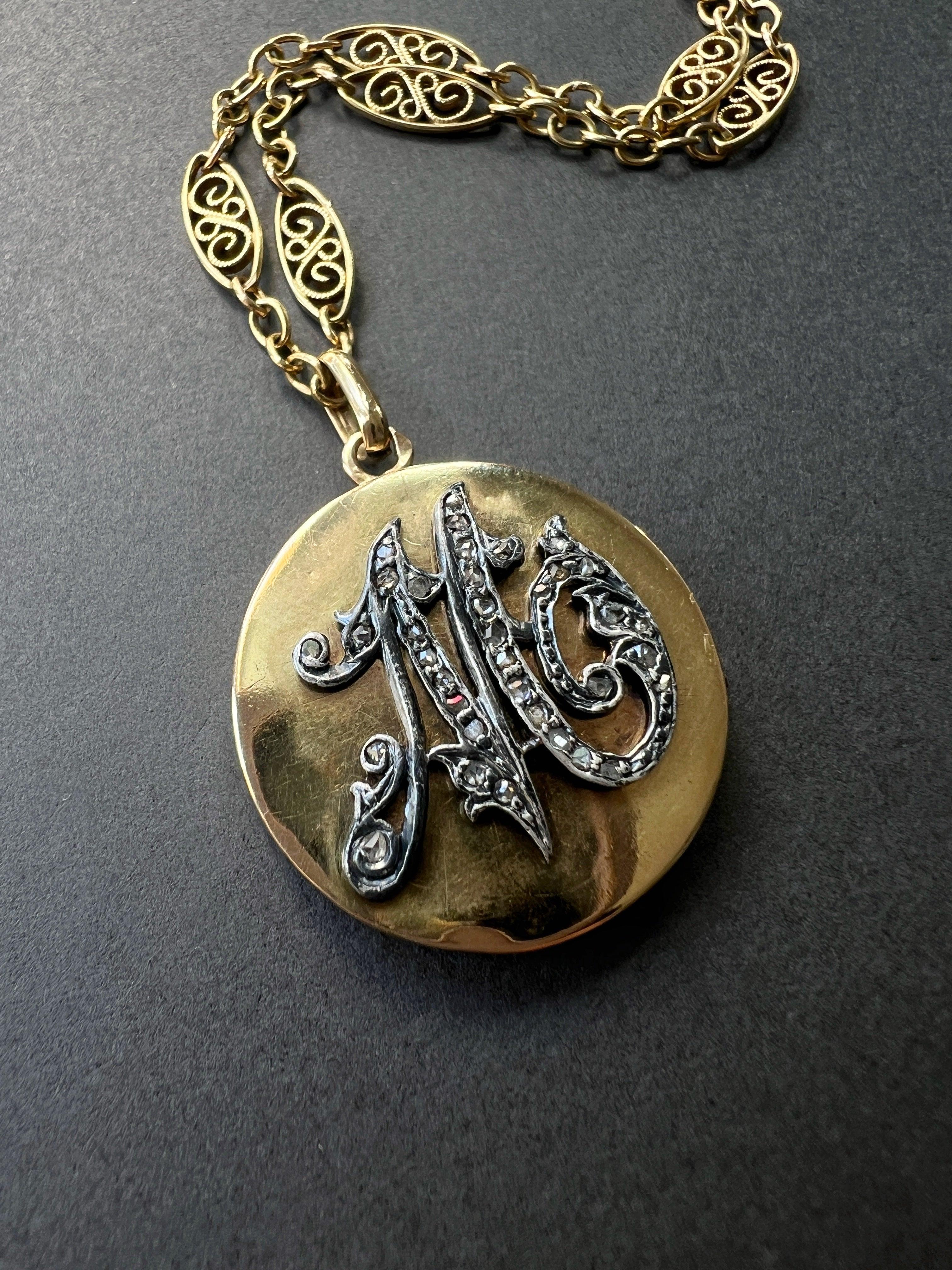 Victorian Era 14K Gold Diamond "M" Locket Pendant
