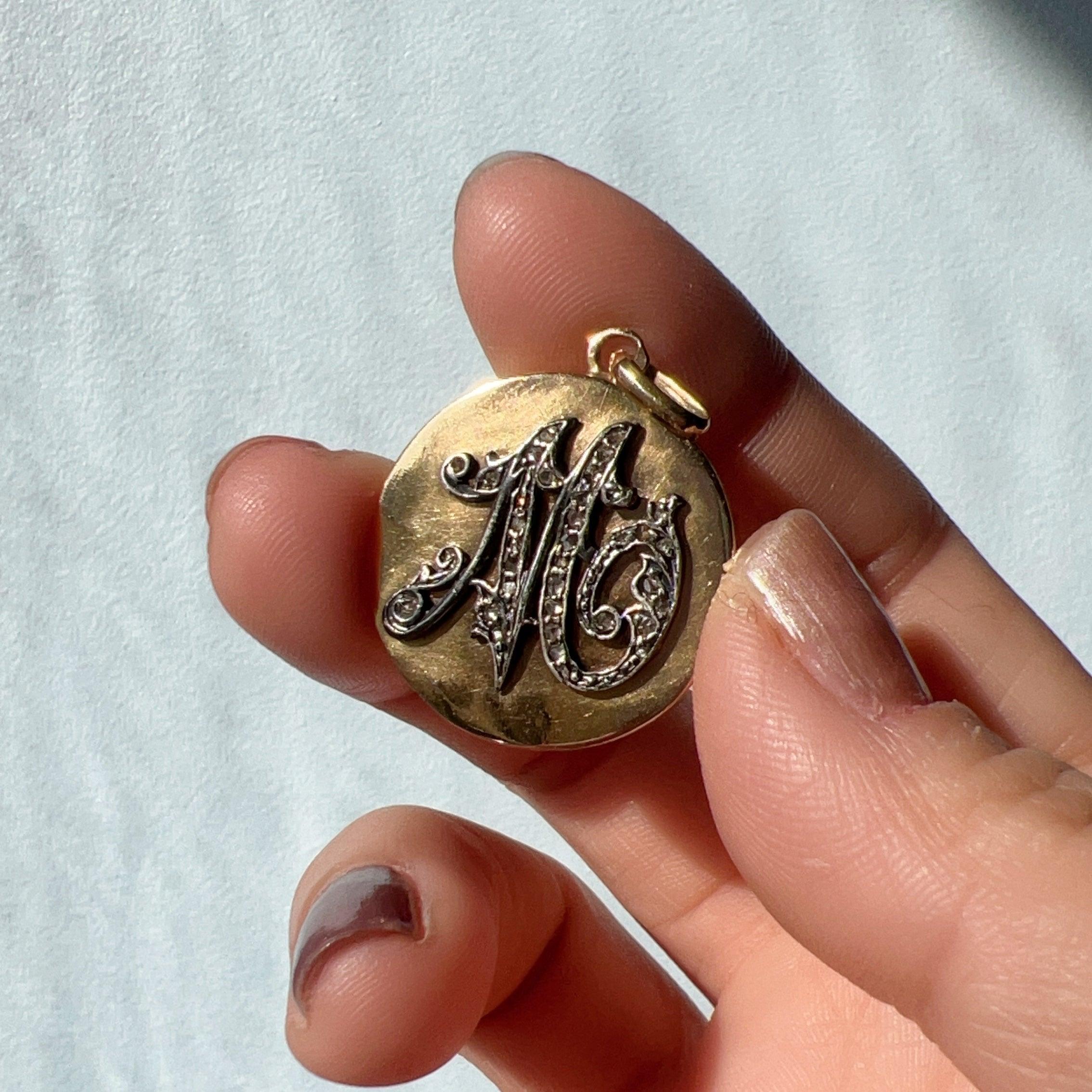 Victorian Era 14K Gold Diamond "M" Locket Pendant