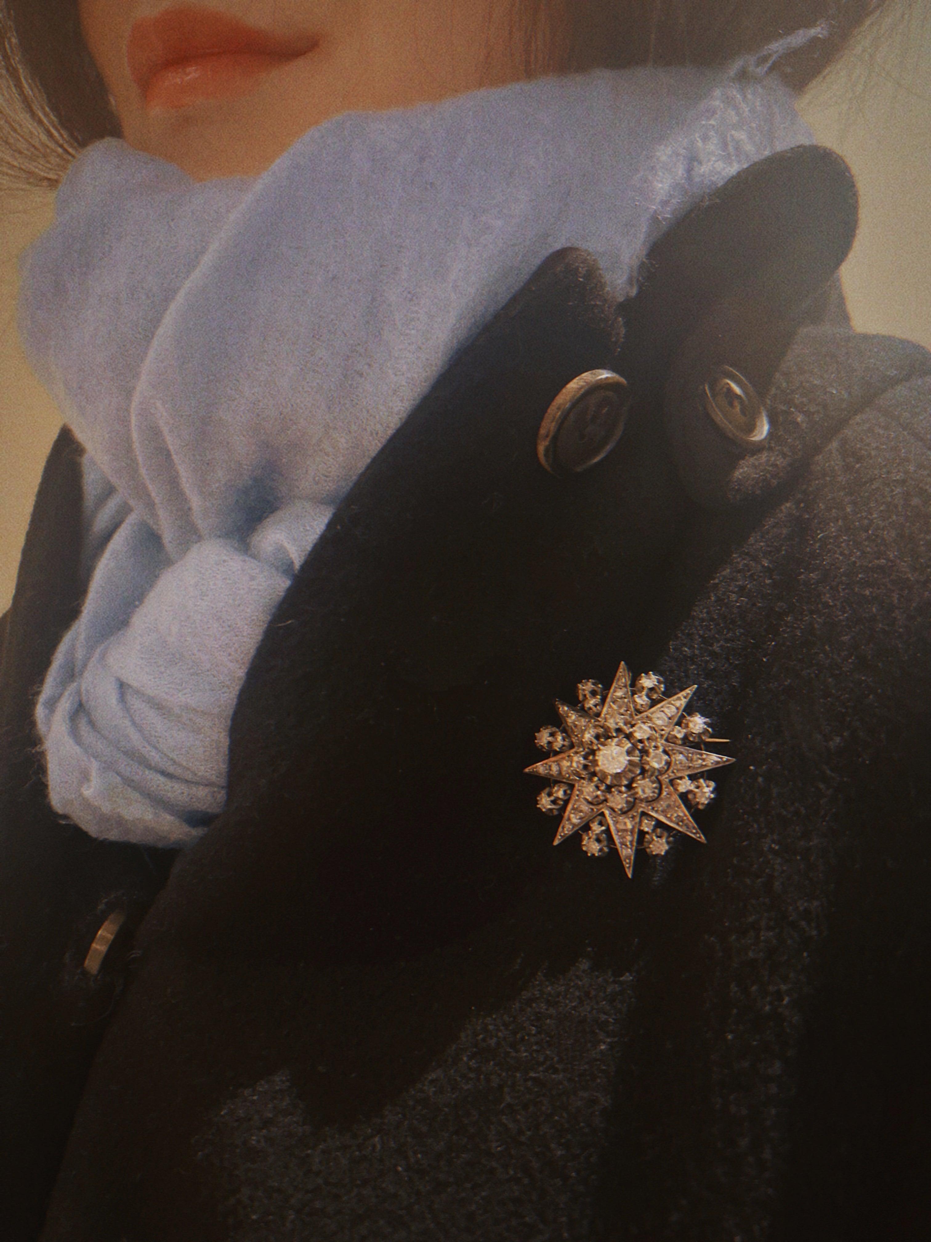 Large French Victorian Era 18K gold diamond star pendant brooch
