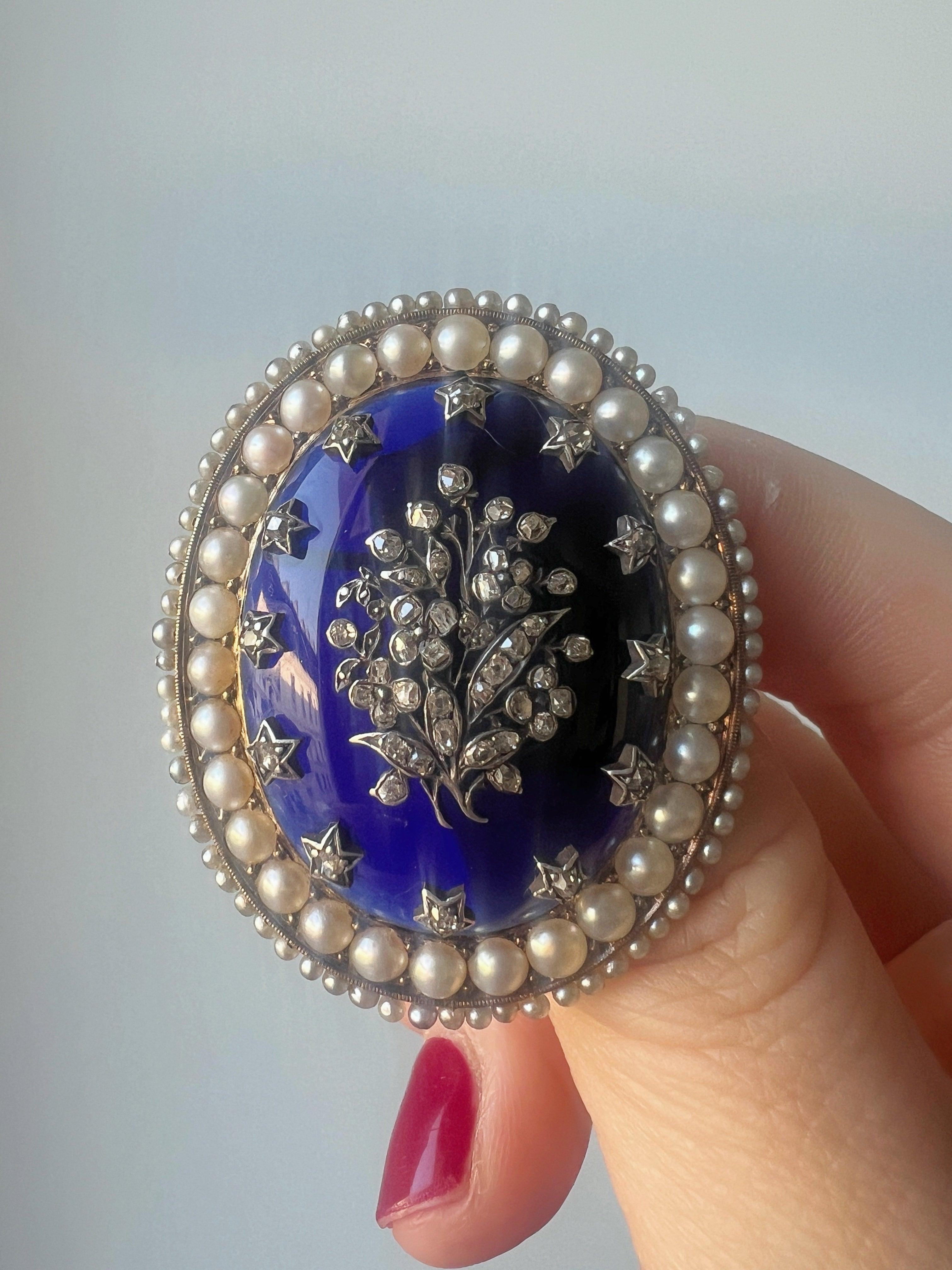 Victorian Era 18K Gold Blue Bristol Diamond & Pearl Flower Brooch