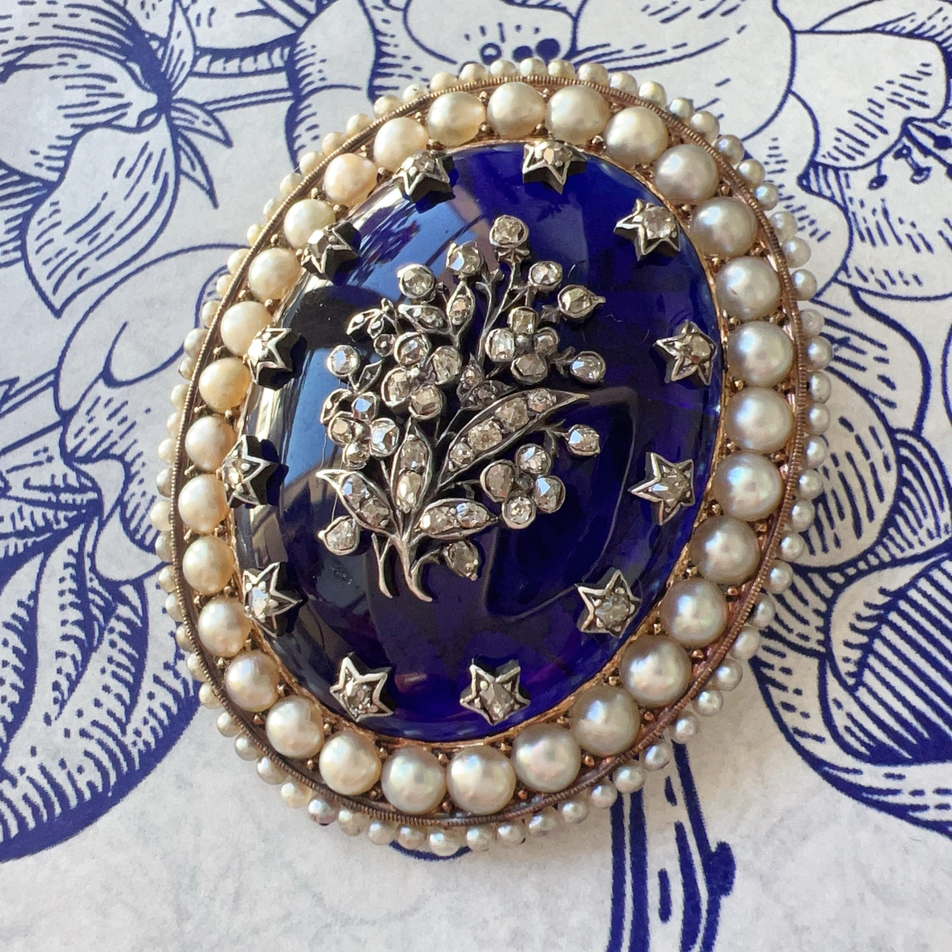 Victorian Era 18K Gold Blue Bristol Diamond & Pearl Flower Brooch