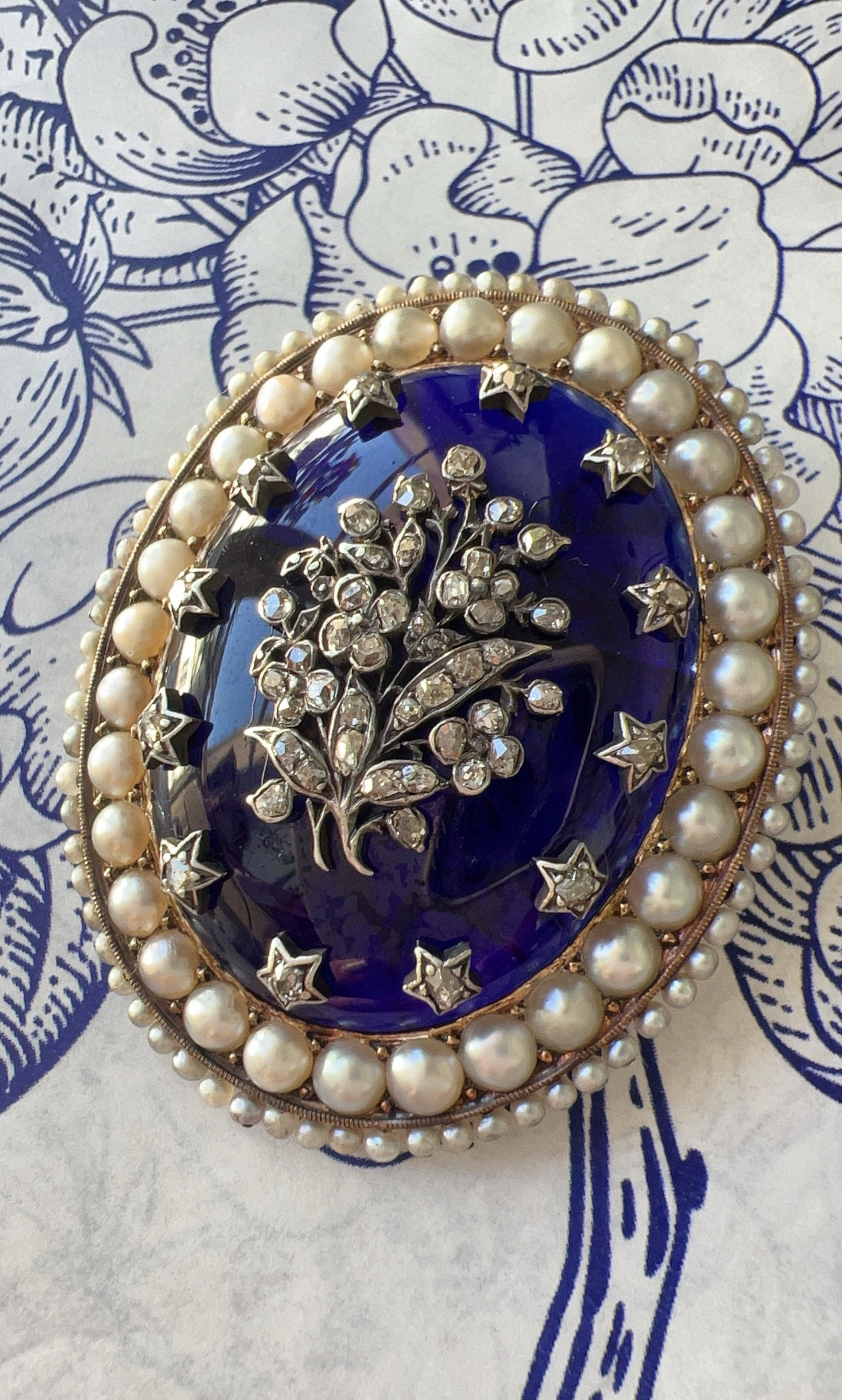 Victorian Era 18K Gold Blue Bristol Diamond & Pearl Flower Brooch