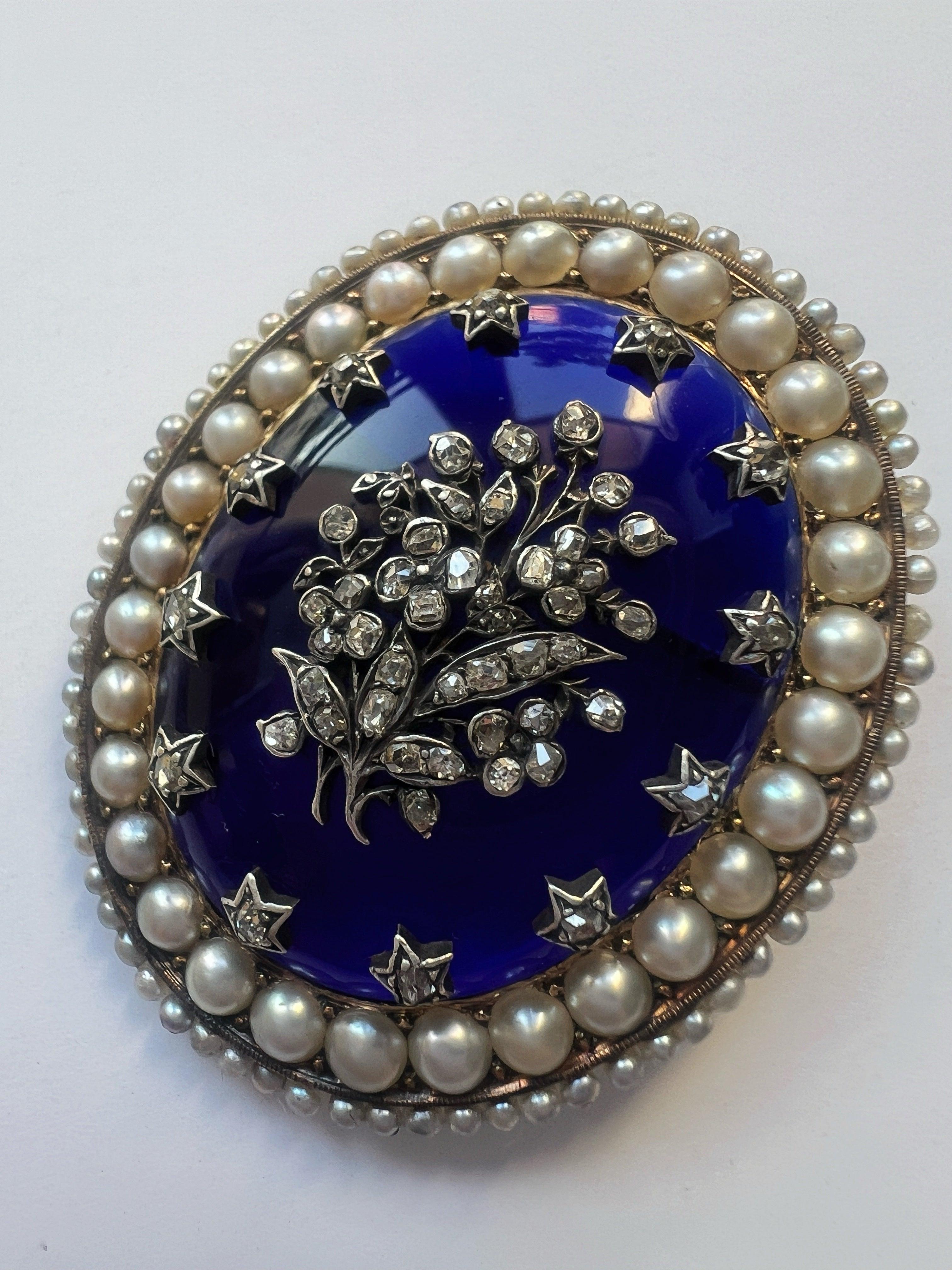 Victorian Era 18K Gold Blue Bristol Diamond & Pearl Flower Brooch