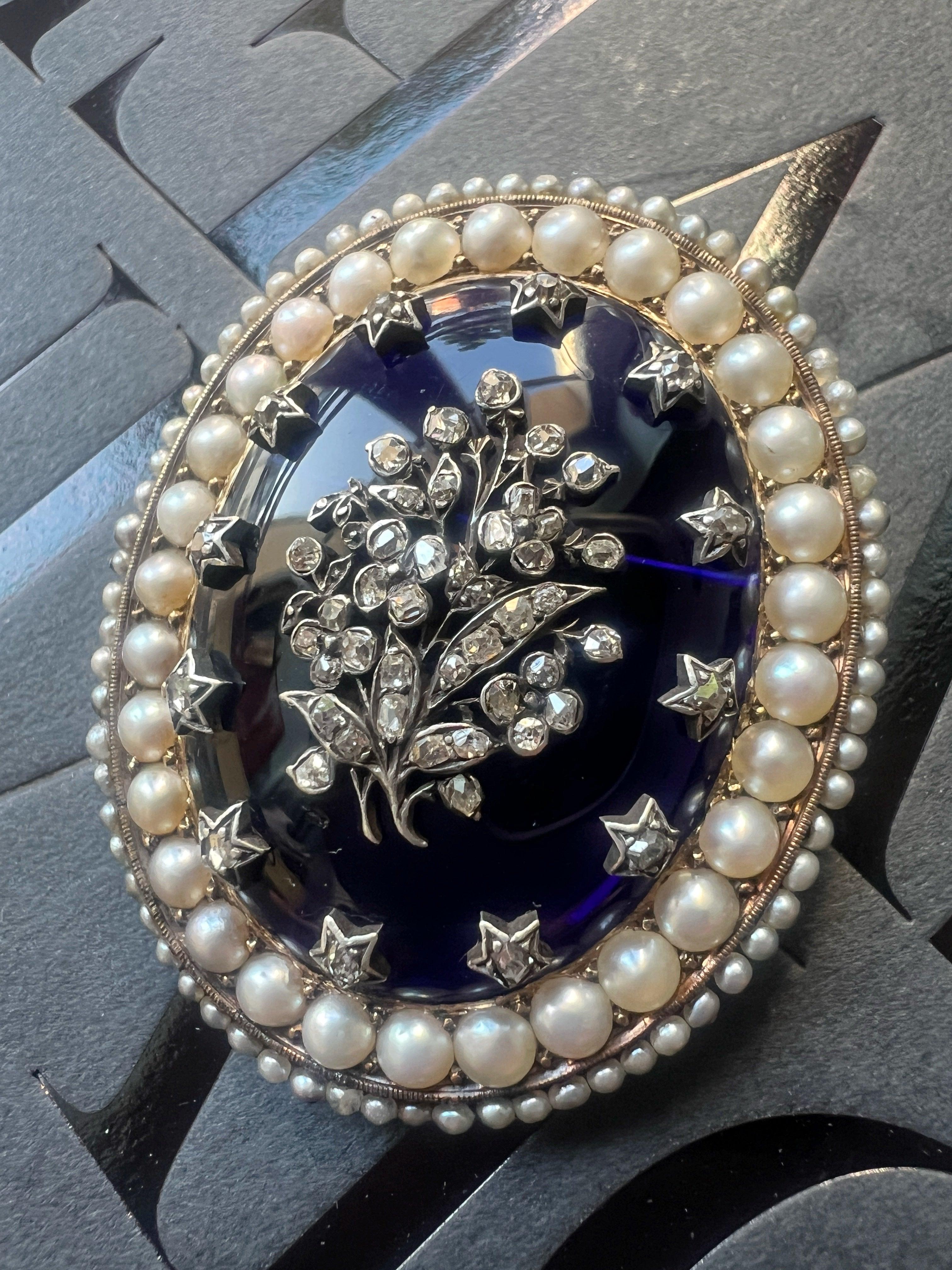 Victorian Era 18K Gold Blue Bristol Diamond & Pearl Flower Brooch