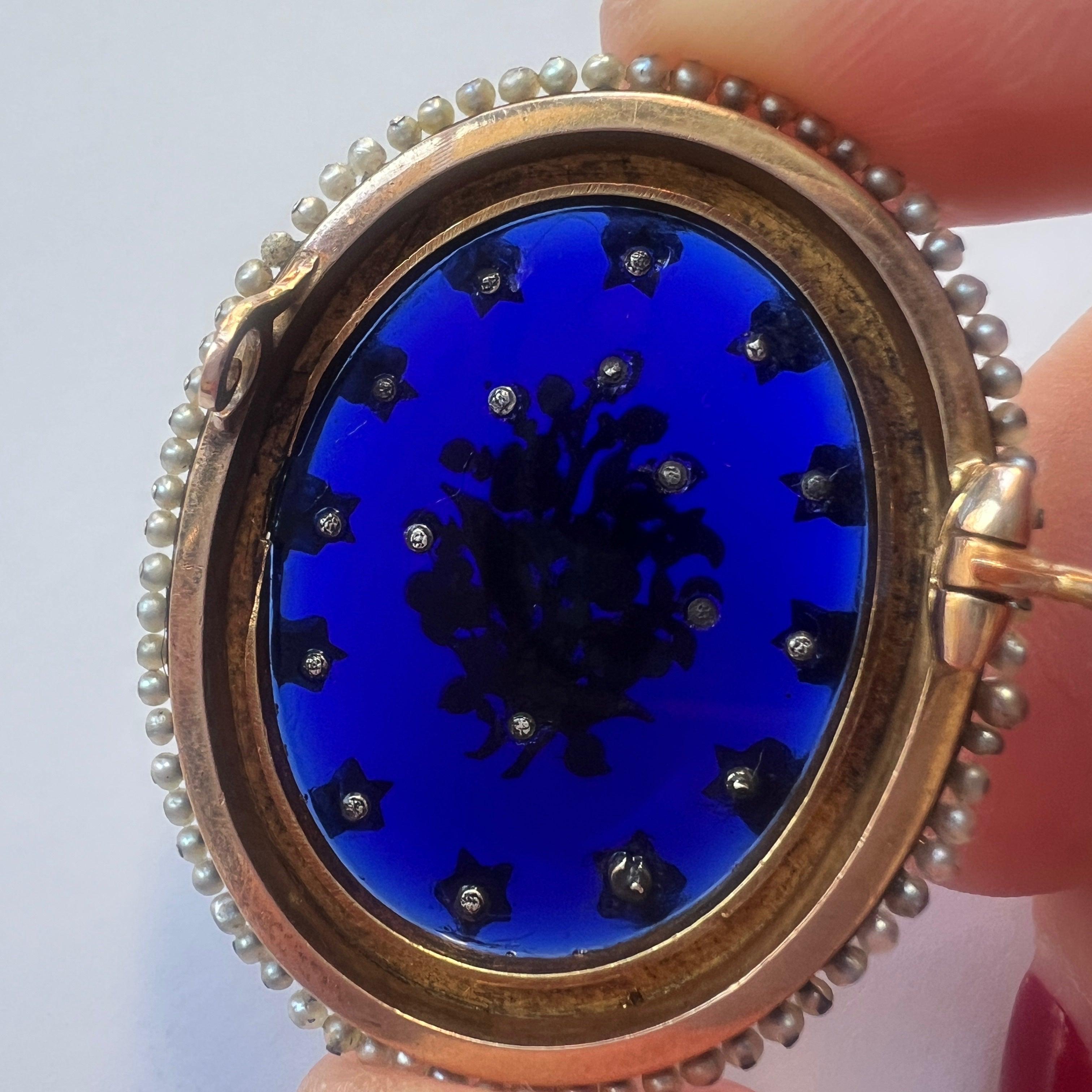 Victorian Era 18K Gold Blue Bristol Diamond & Pearl Flower Brooch
