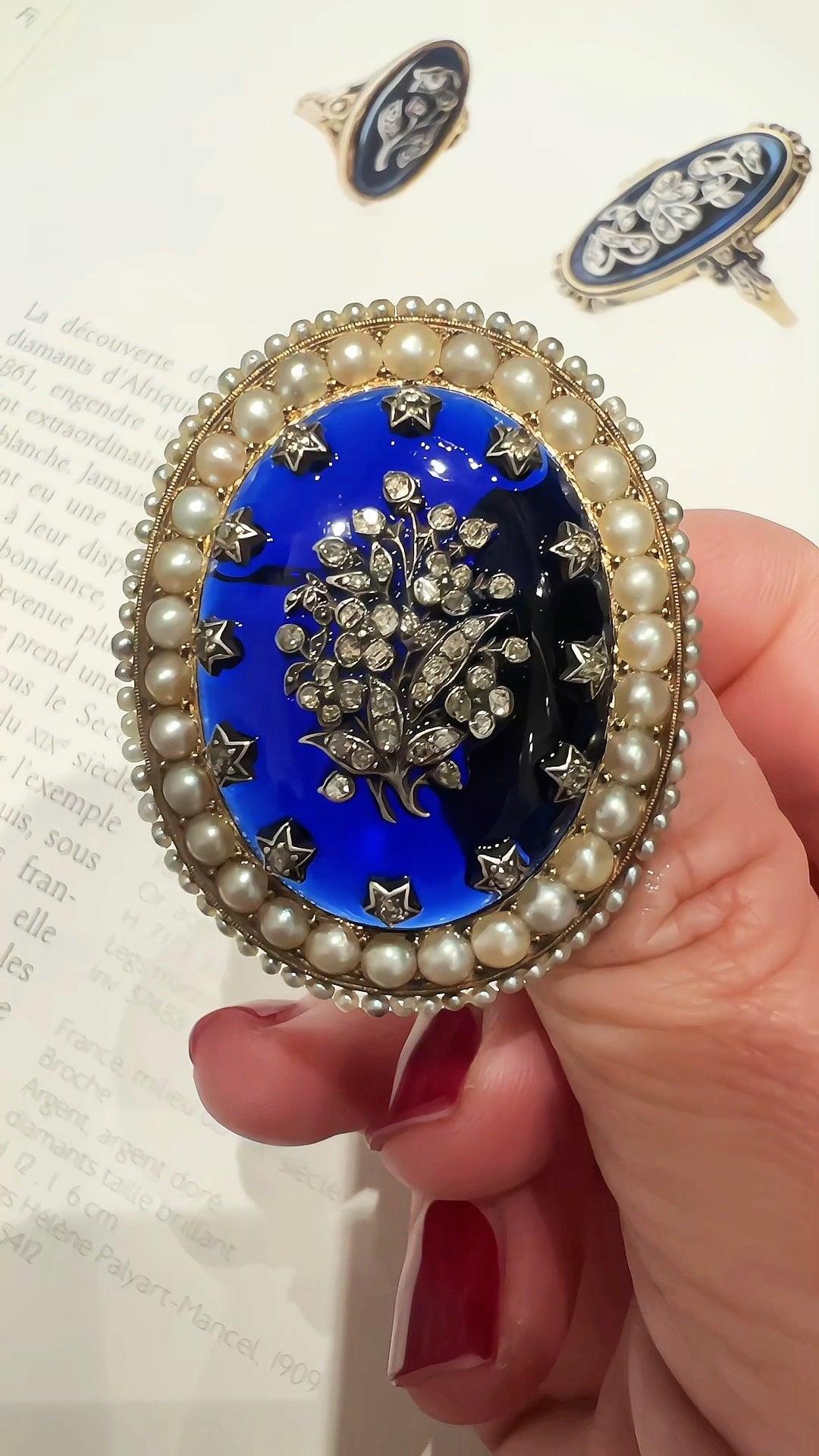 Victorian Era 18K Gold Blue Bristol Diamond & Pearl Flower Brooch