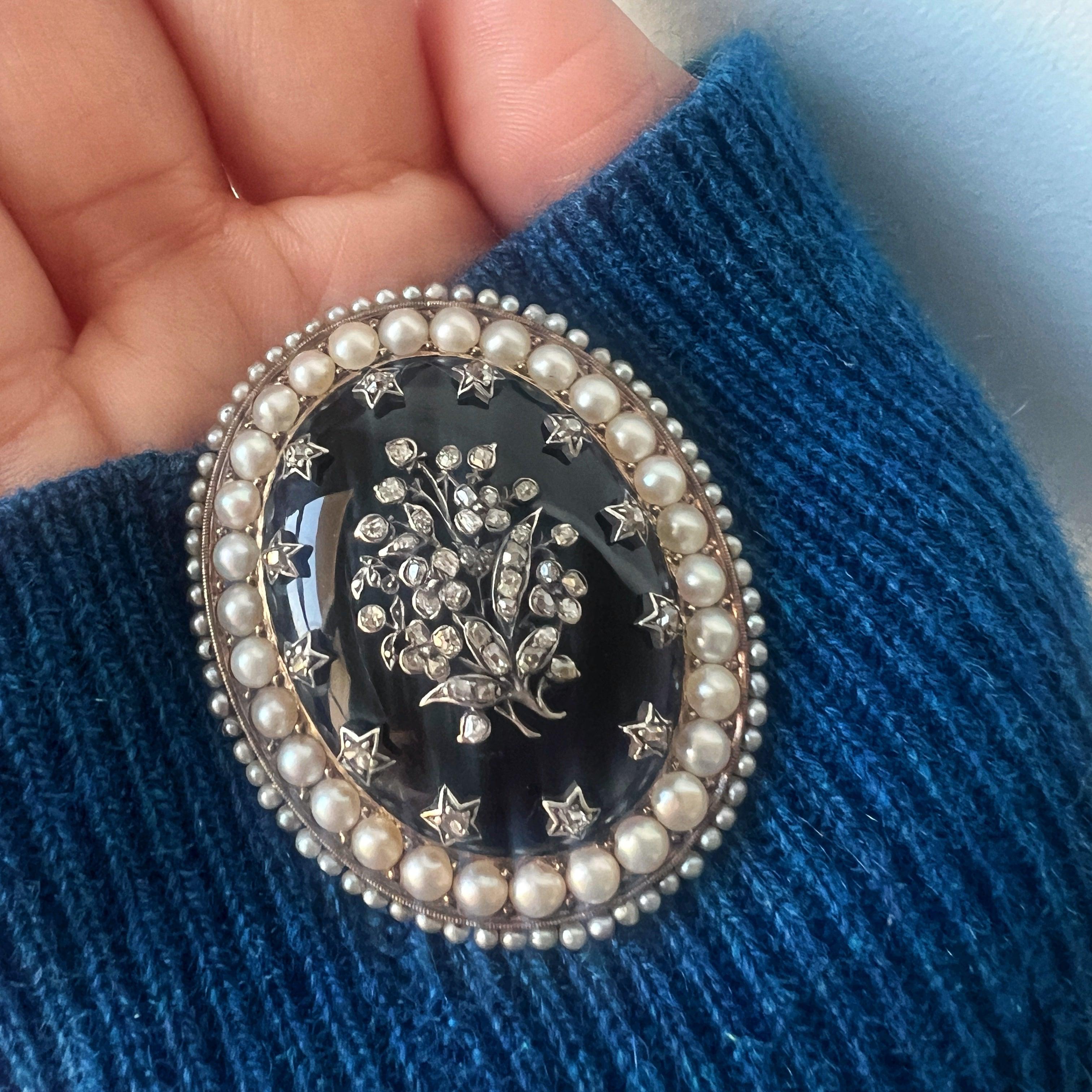 Victorian Era 18K Gold Blue Bristol Diamond & Pearl Flower Brooch