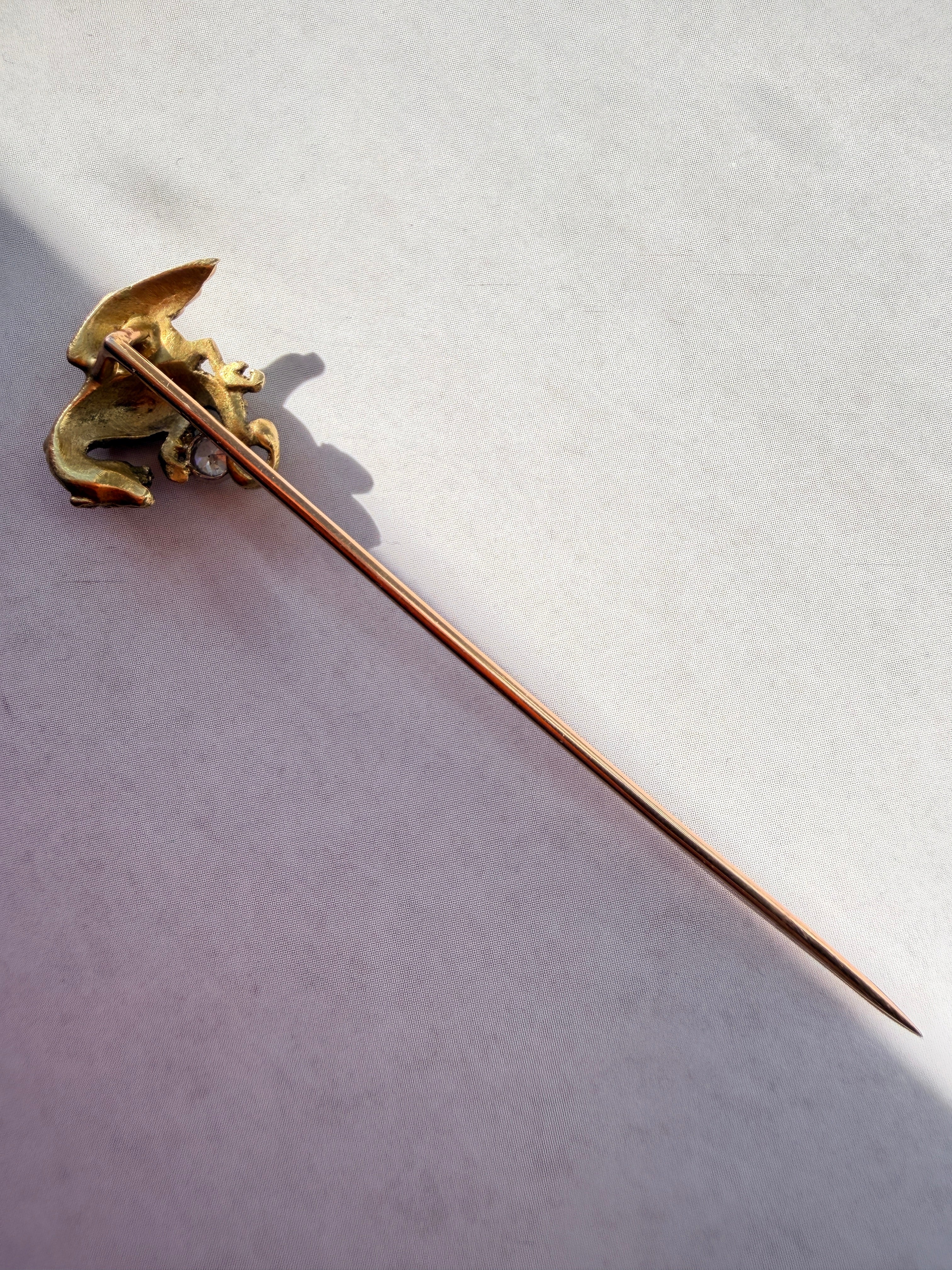 French antique art nouveau 18K Chimera pin with a diamond
