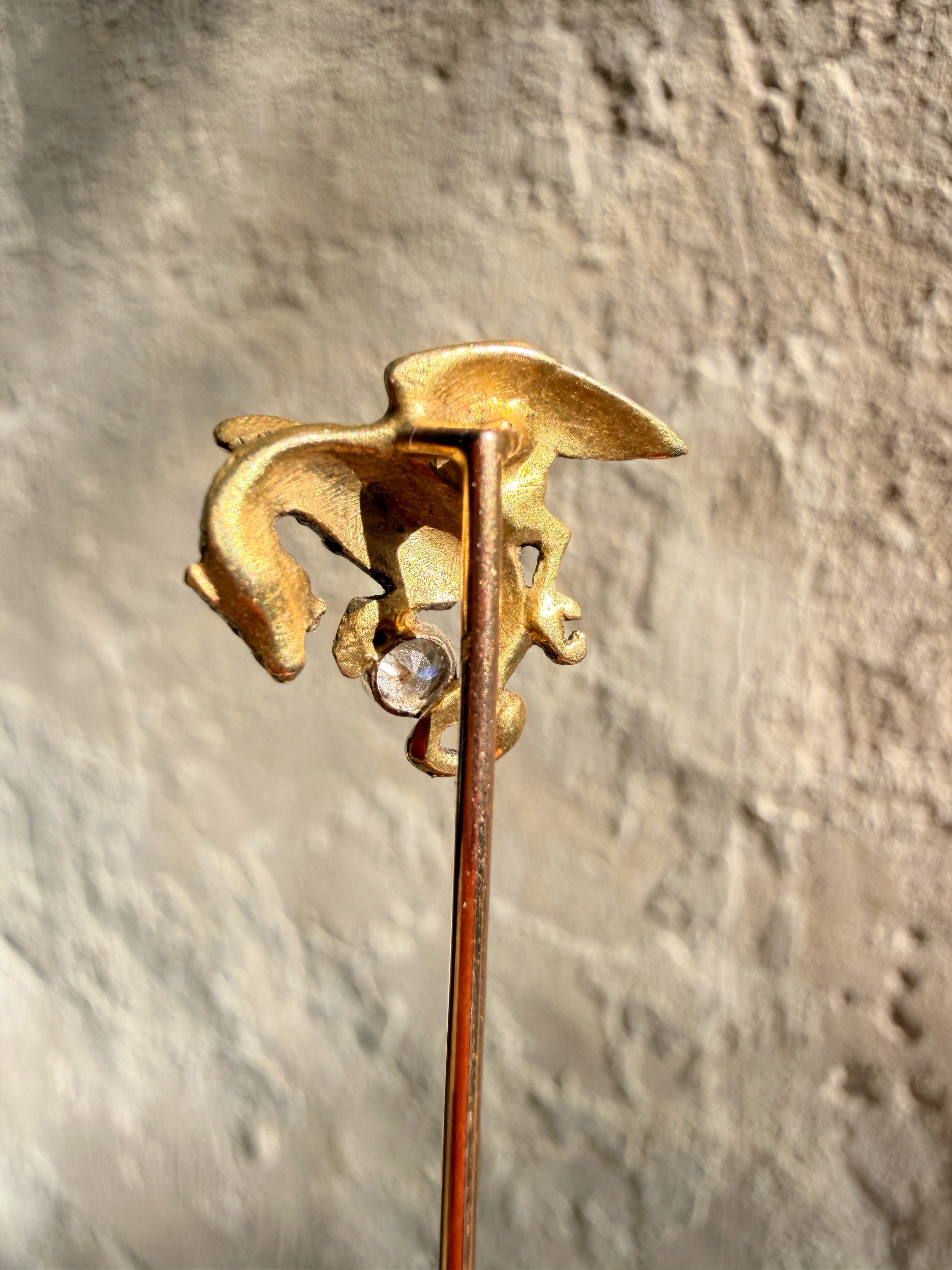 French antique art nouveau 18K Chimera pin with a diamond