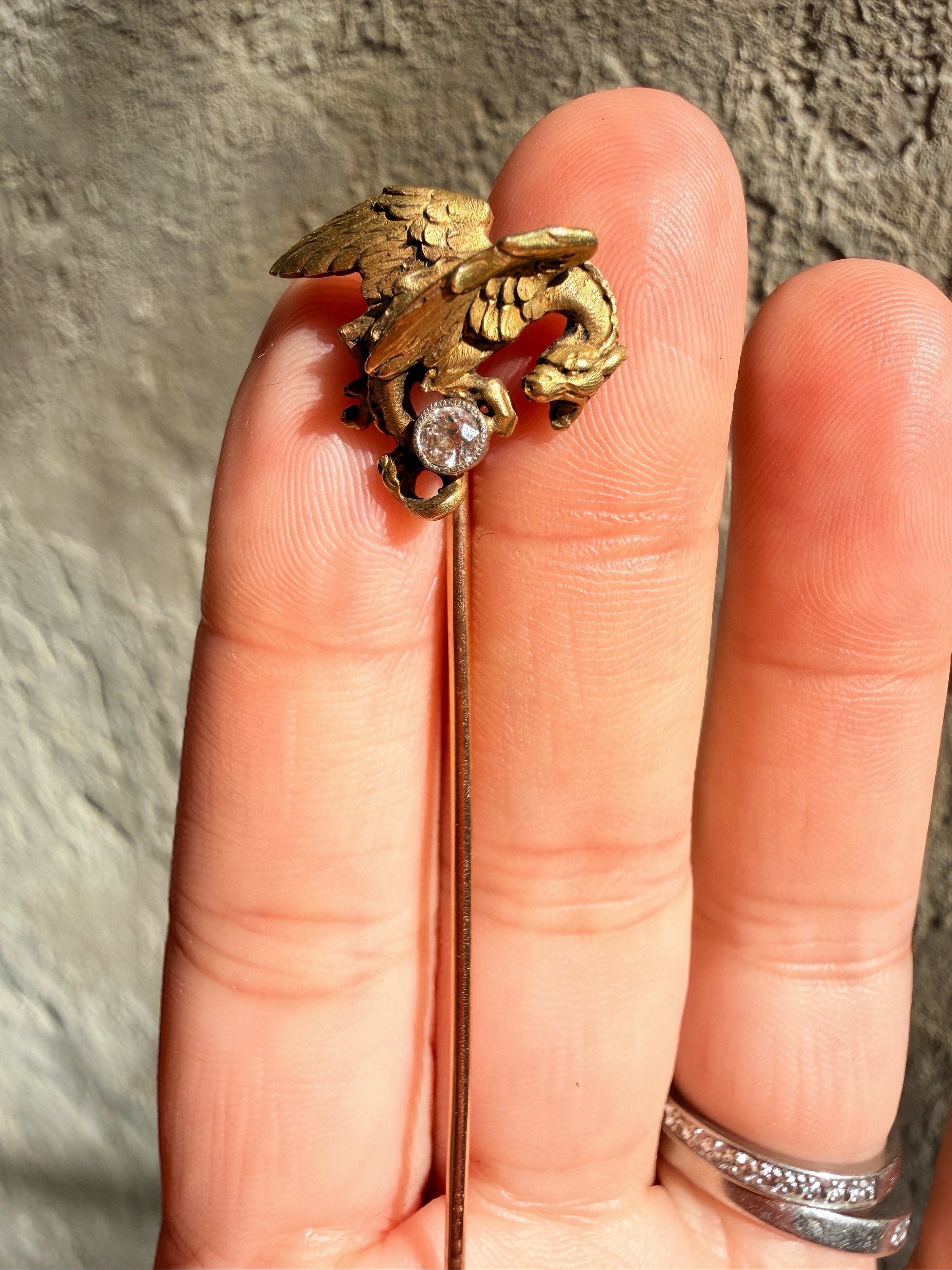 French antique art nouveau 18K Chimera pin with a diamond