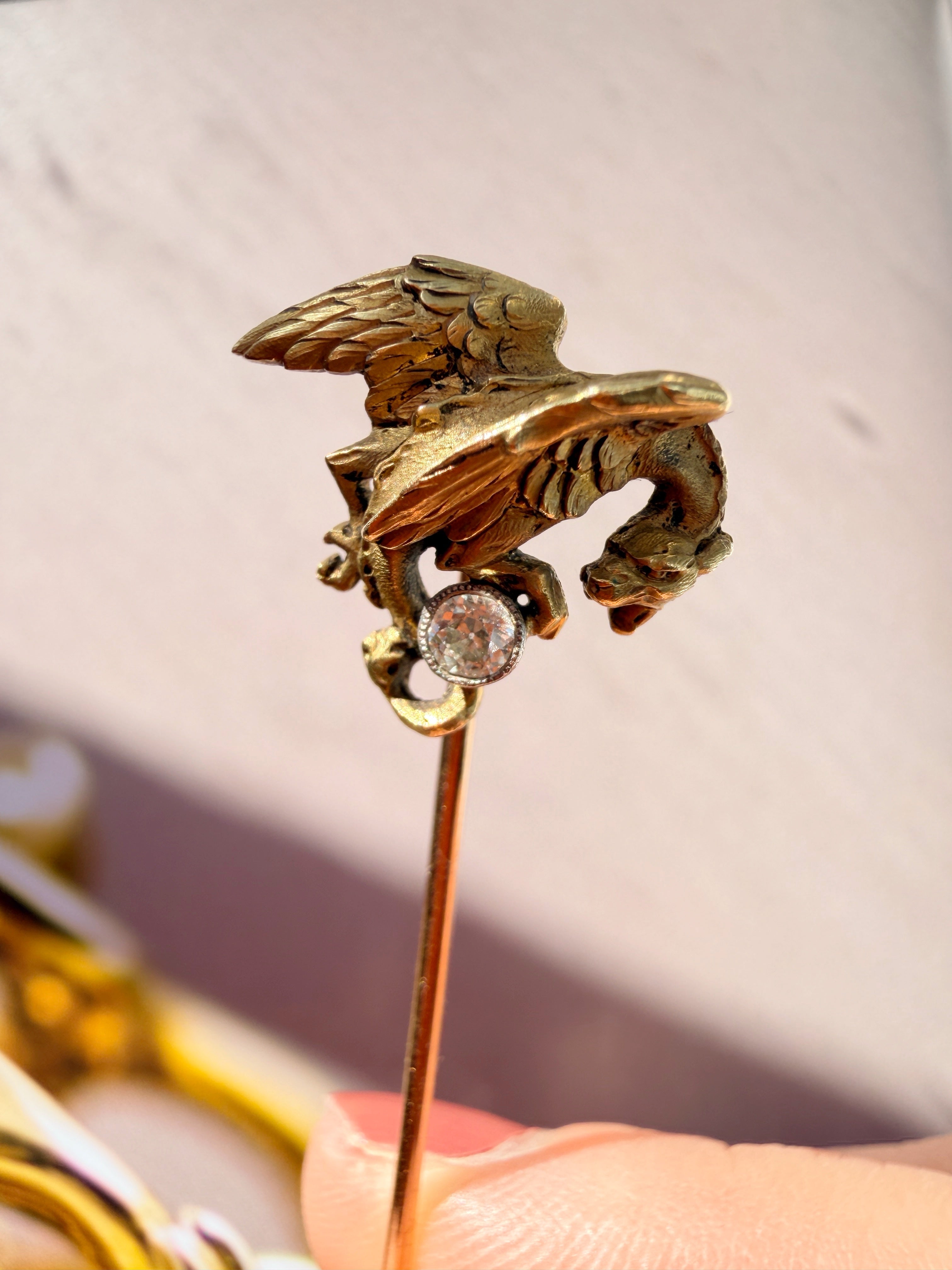 French antique art nouveau 18K Chimera pin with a diamond