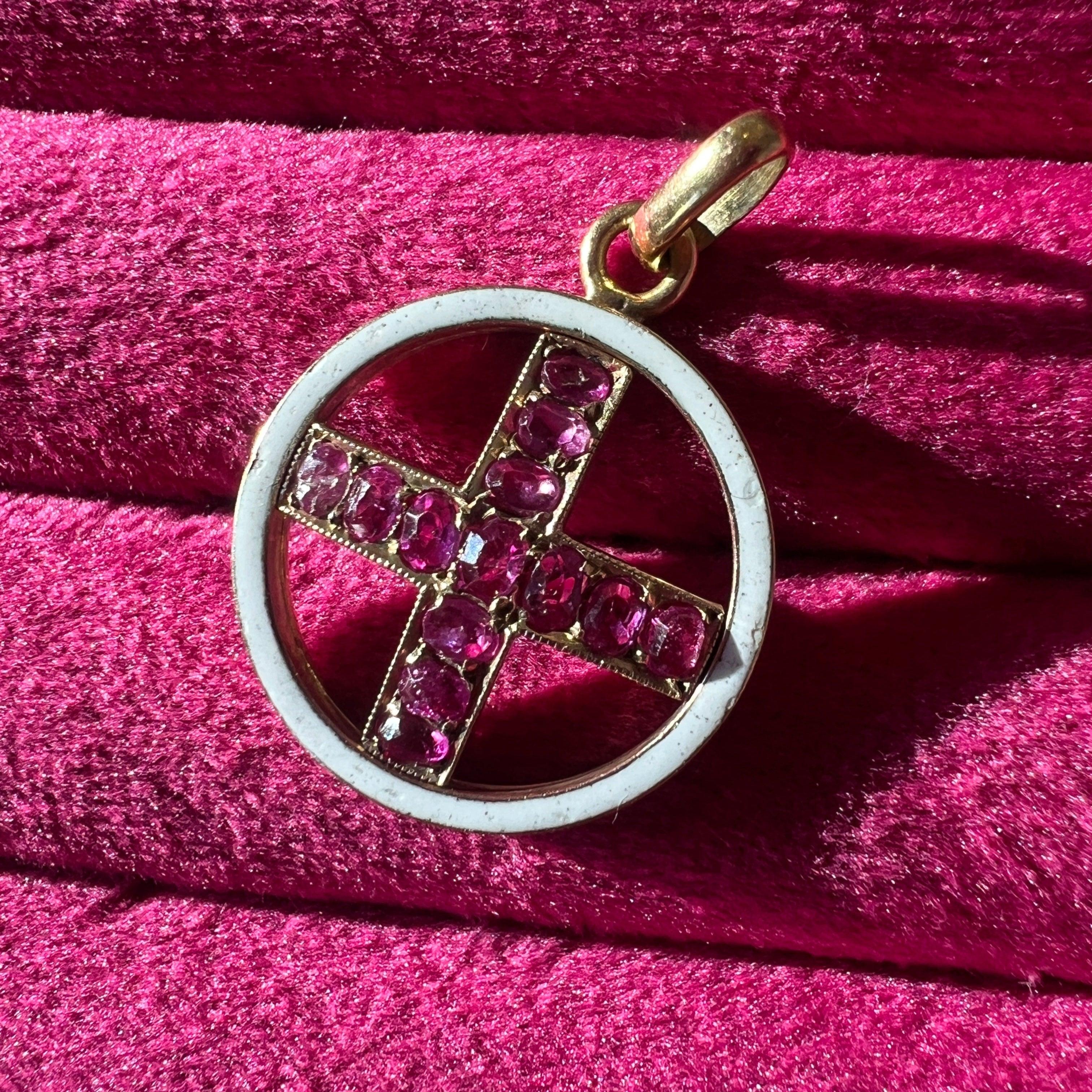 Victorian 18K gold Pink Sapphire Cross enamel Pendant