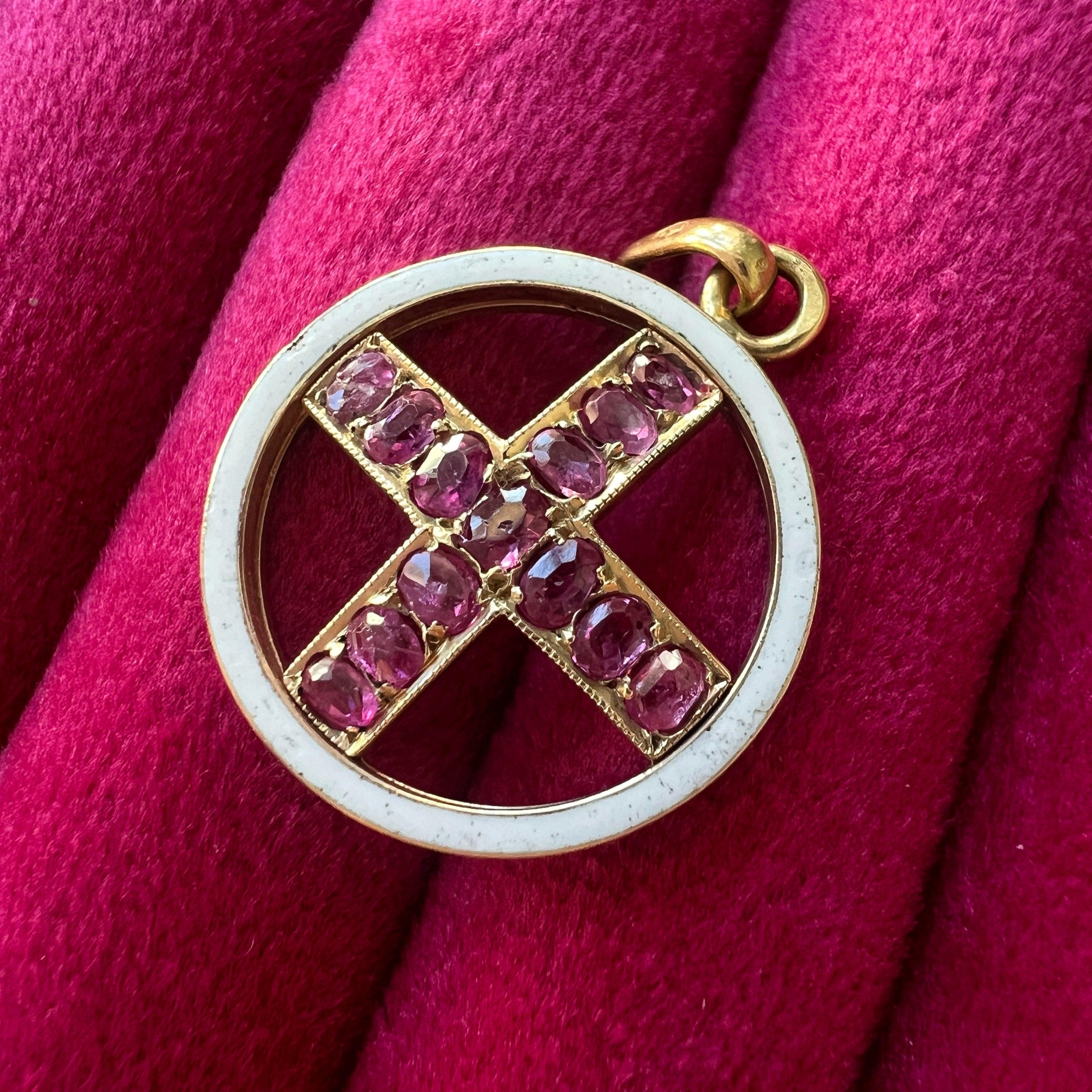 Victorian 18K gold Pink Sapphire Cross enamel Pendant