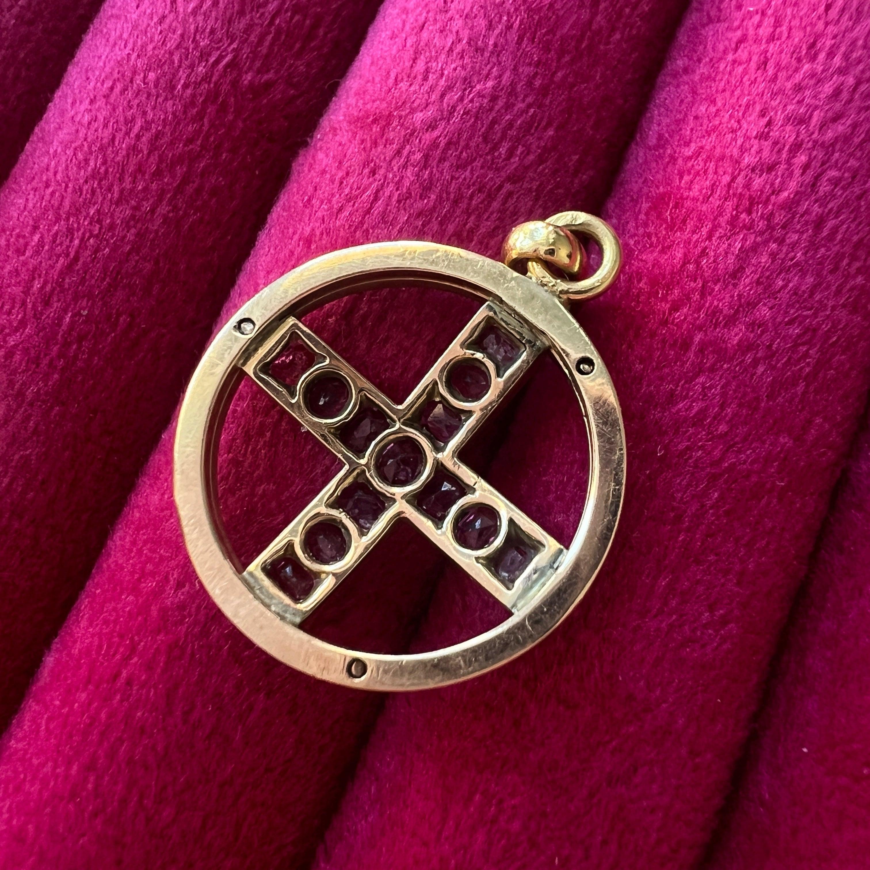 Victorian 18K gold Pink Sapphire Cross enamel Pendant