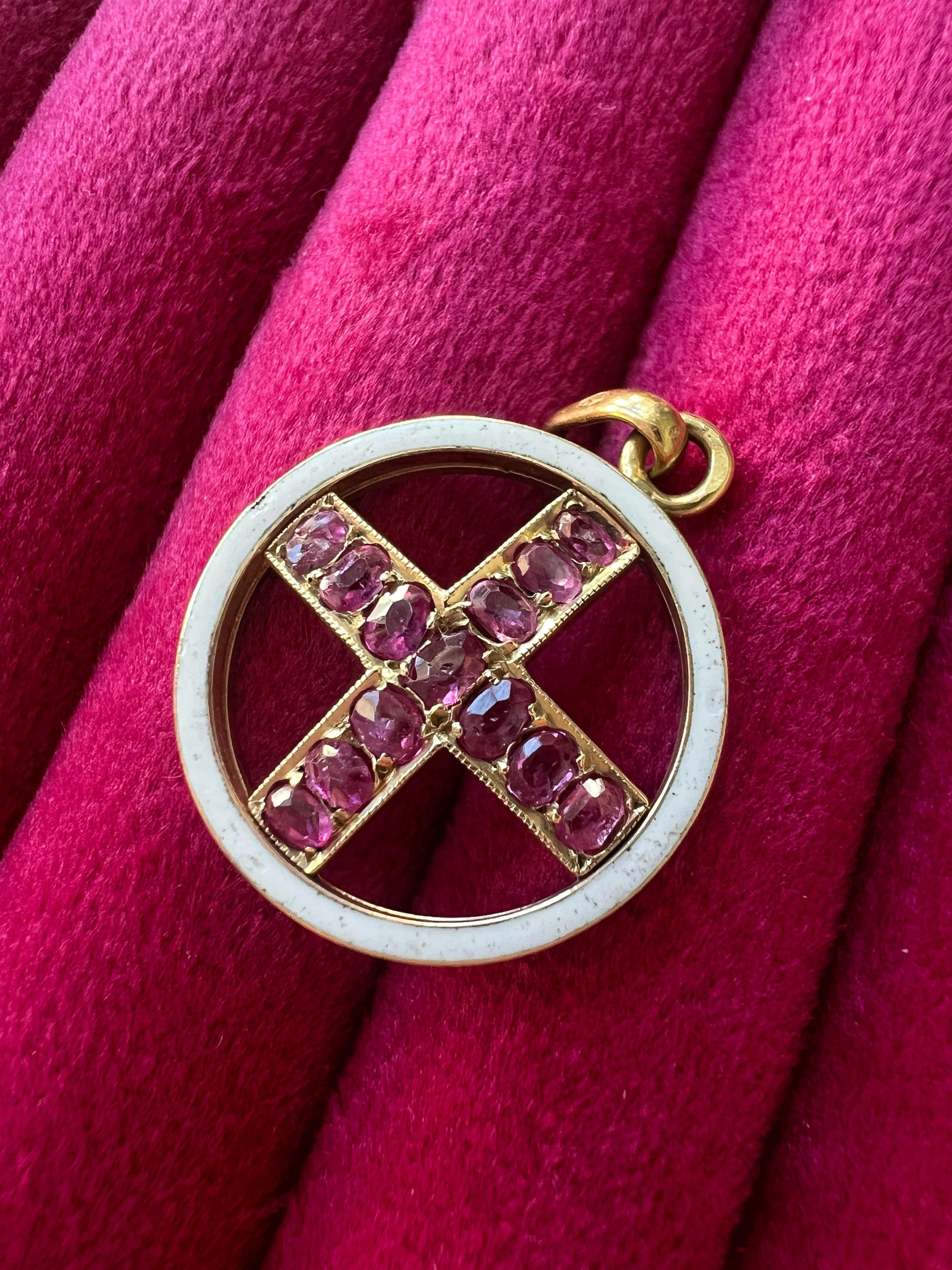 Victorian 18K gold Pink Sapphire Cross enamel Pendant