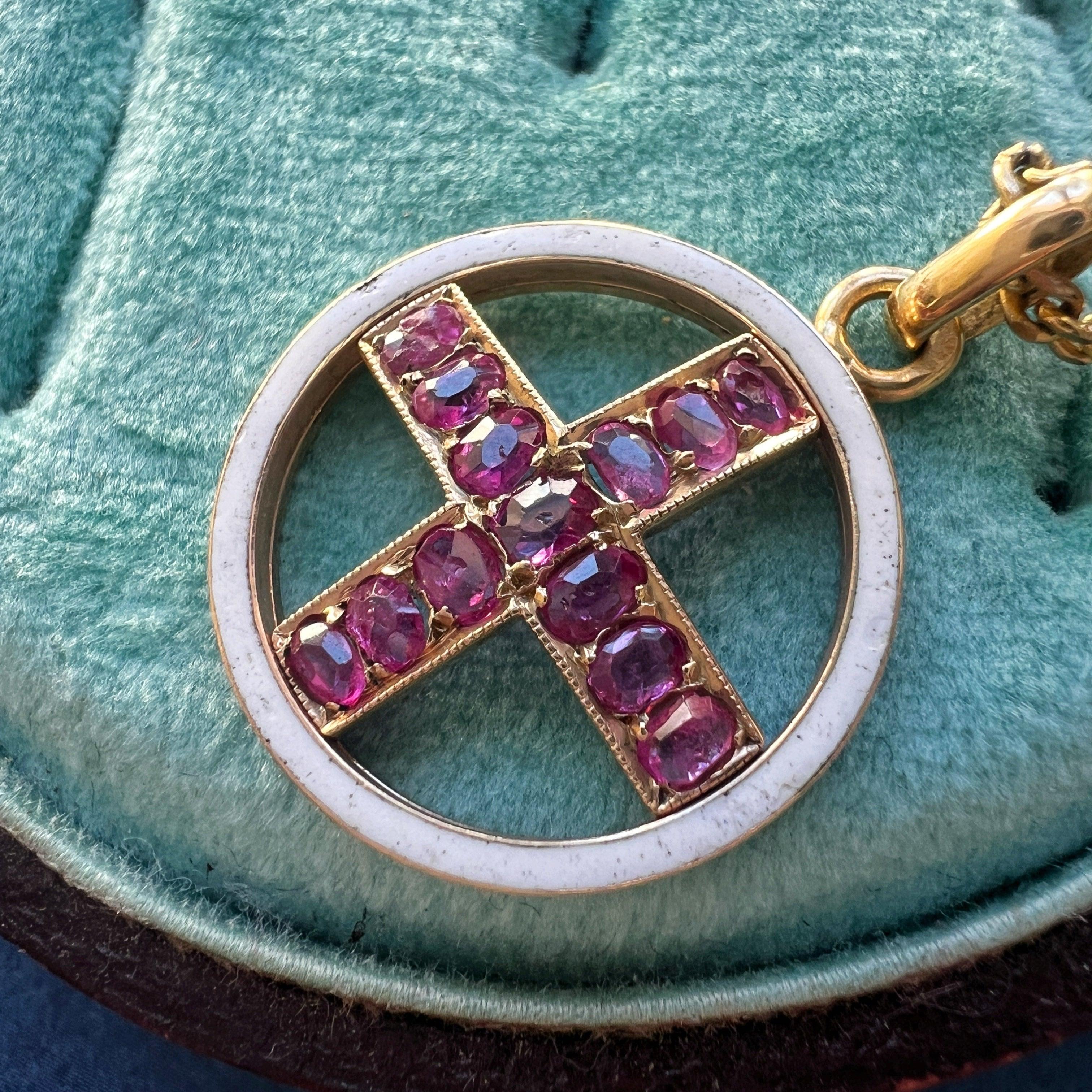 Victorian 18K gold Pink Sapphire Cross enamel Pendant