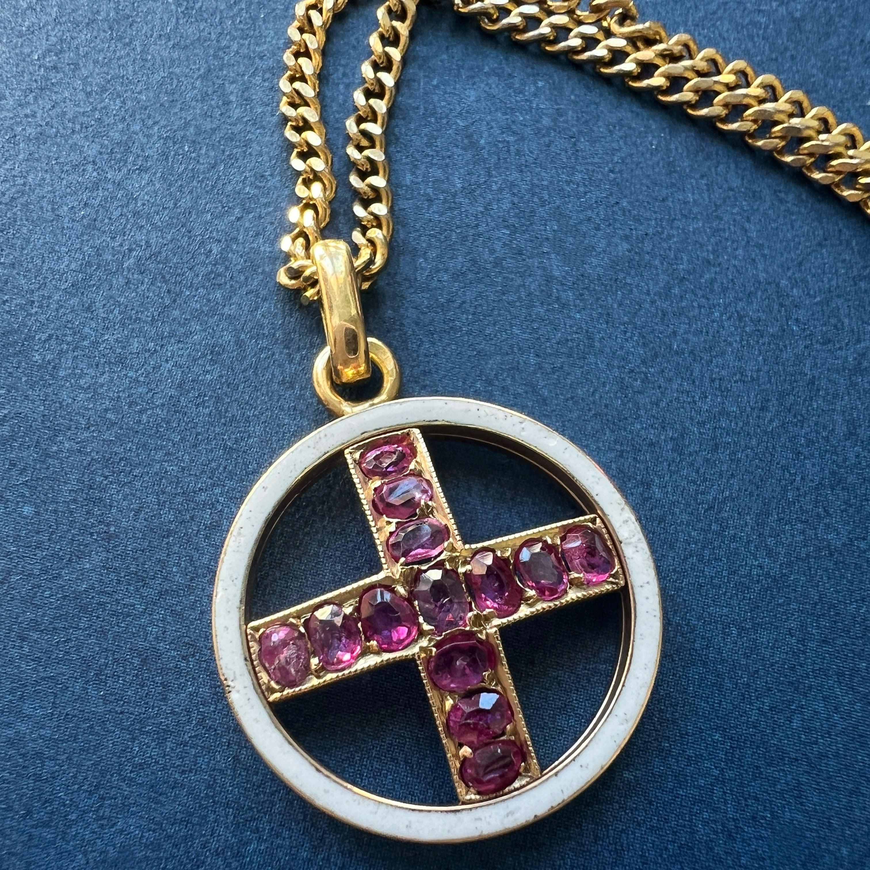 Victorian 18K gold Pink Sapphire Cross enamel Pendant