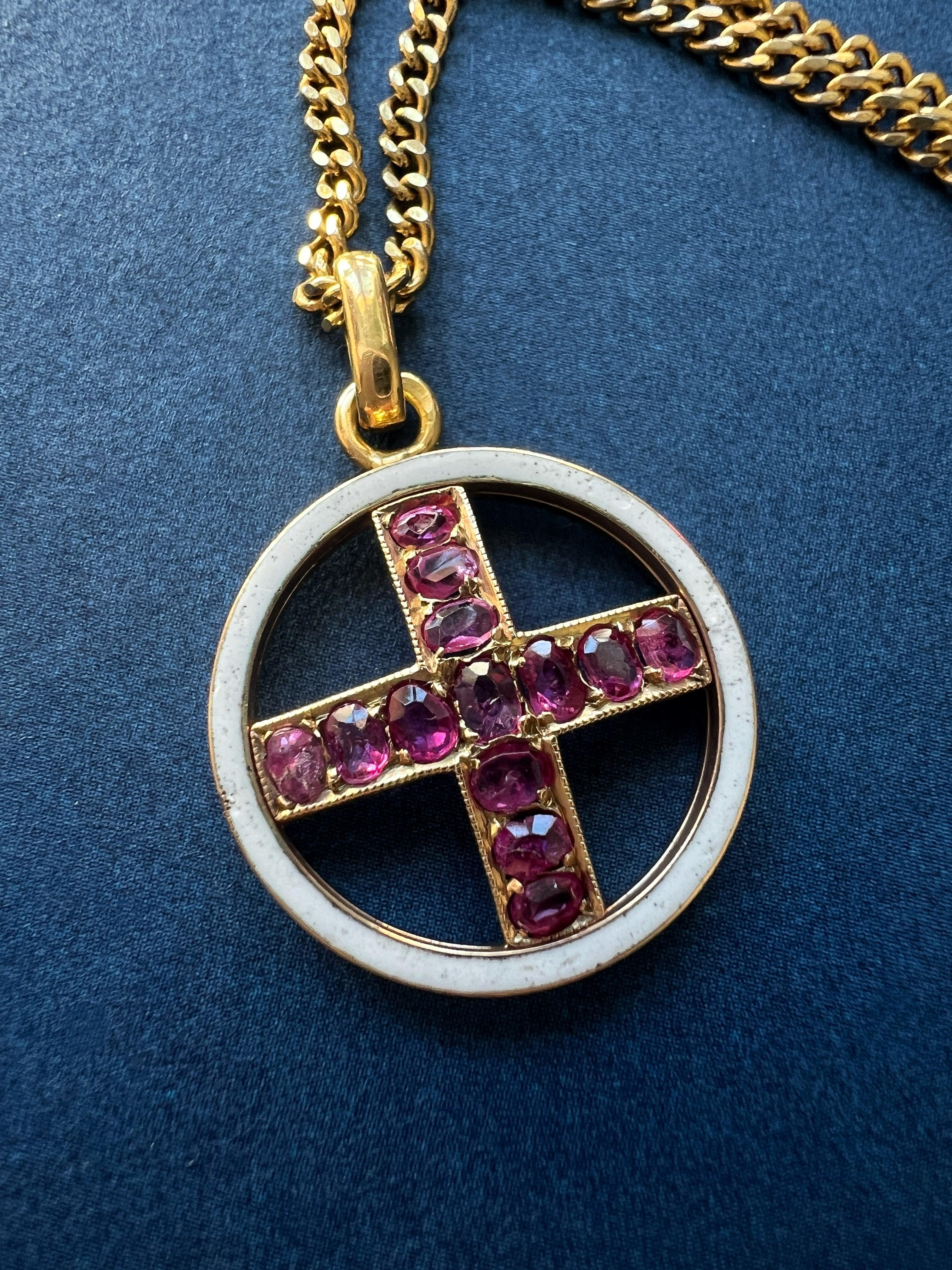 Victorian 18K gold Pink Sapphire Cross enamel Pendant