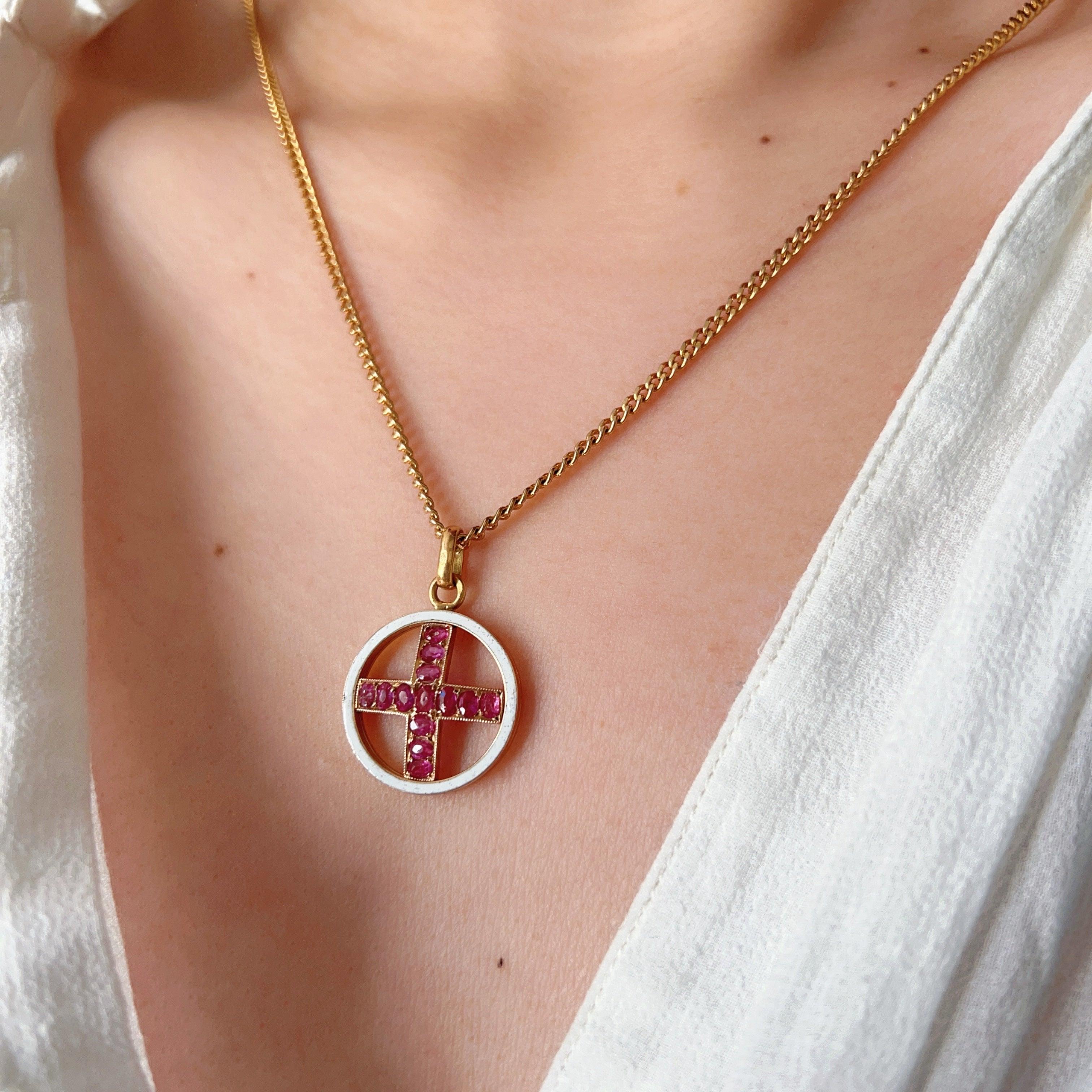 Victorian 18K gold Pink Sapphire Cross enamel Pendant