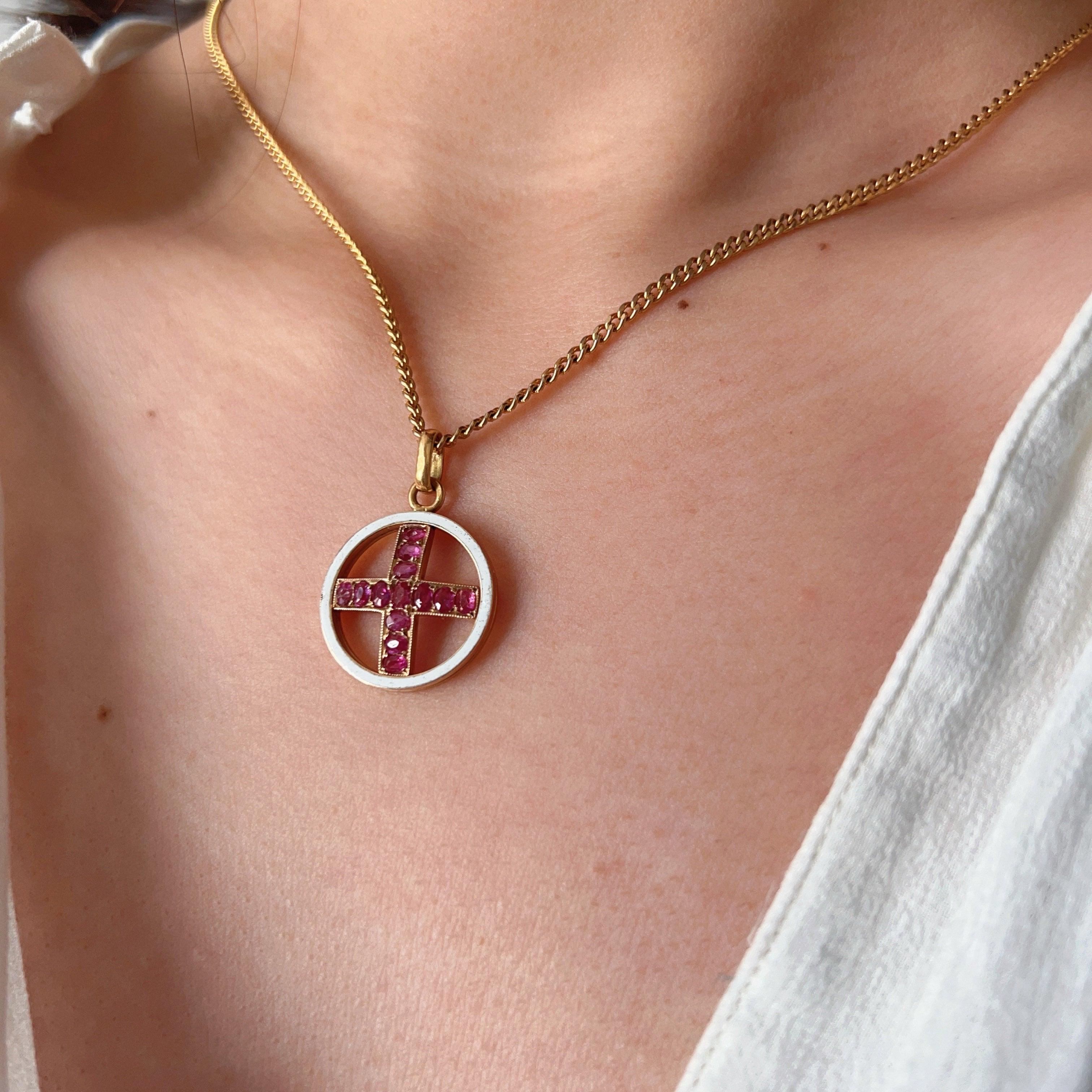 Victorian 18K gold Pink Sapphire Cross enamel Pendant