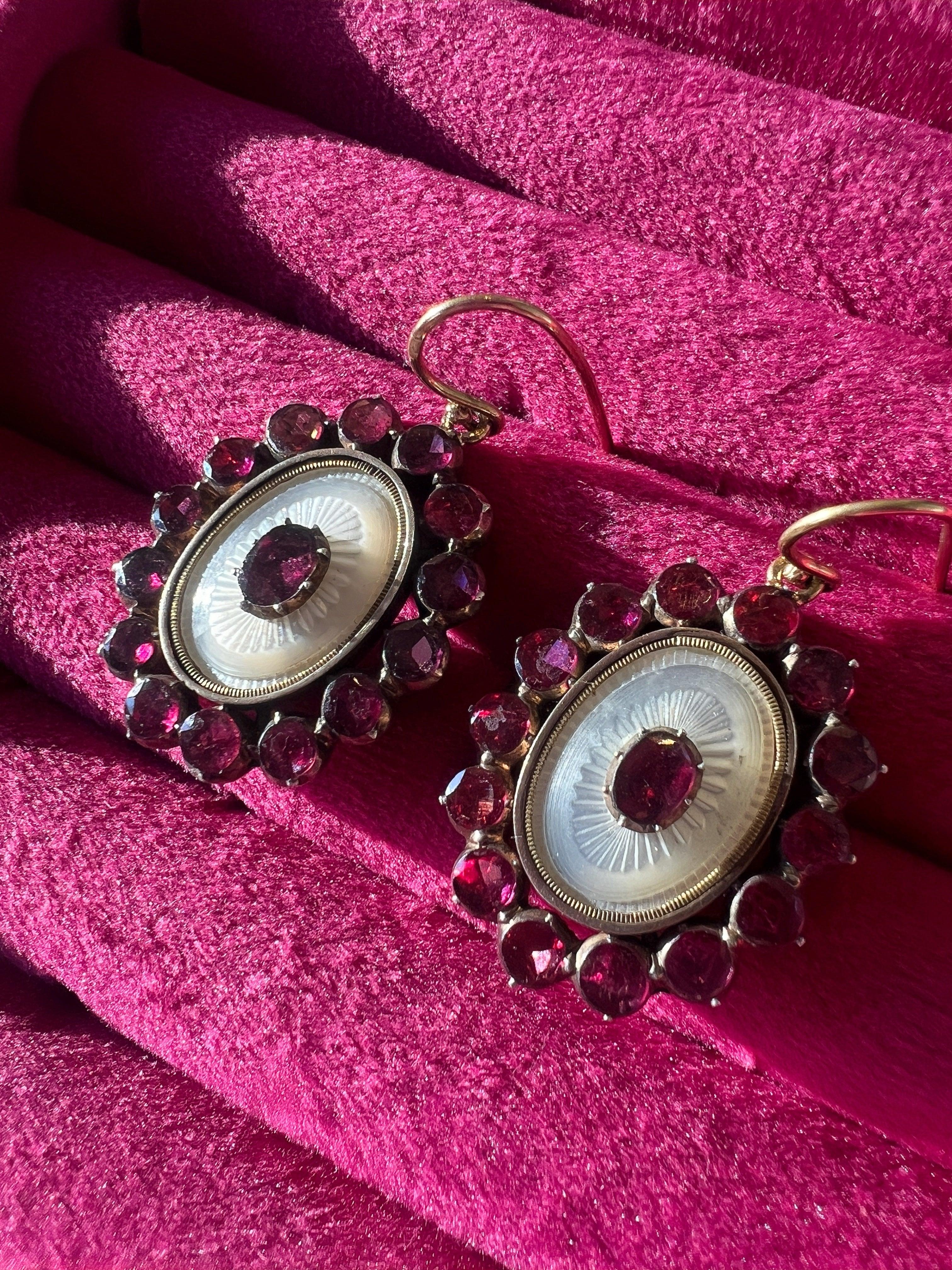 Georgian era 18K Gold Garnets Mother of Pearl Earrings