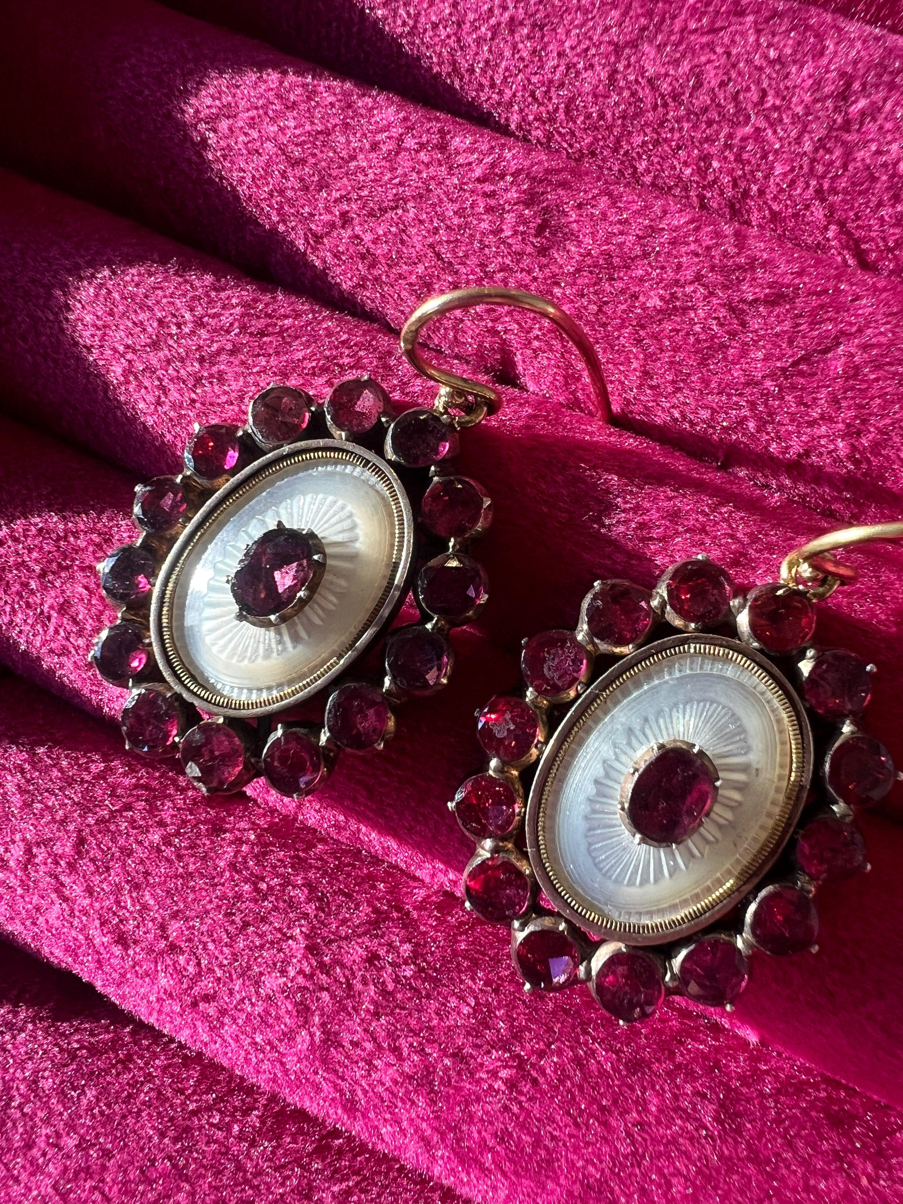 Georgian era 18K Gold Mother of Pearl Garnets Earrings