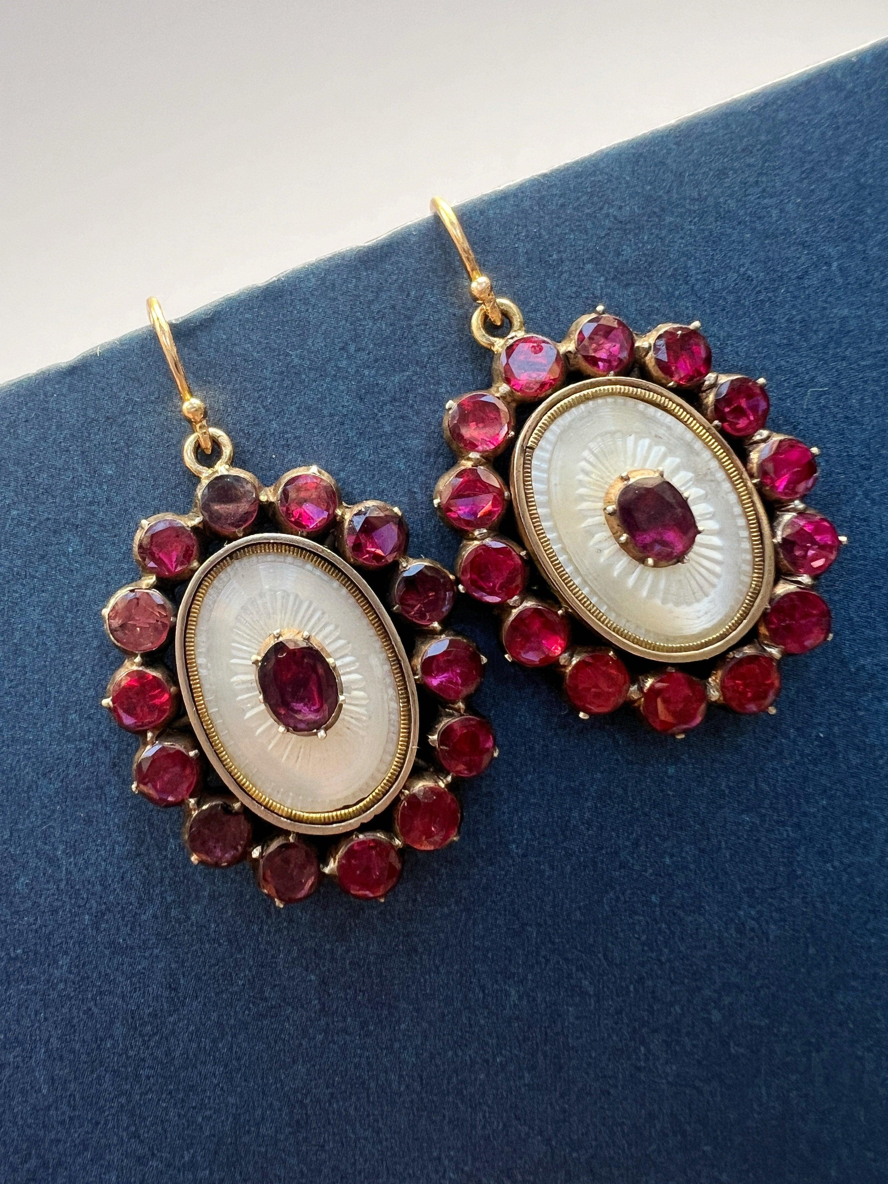 Georgian era 18K Gold Mother of Pearl Garnets Earrings