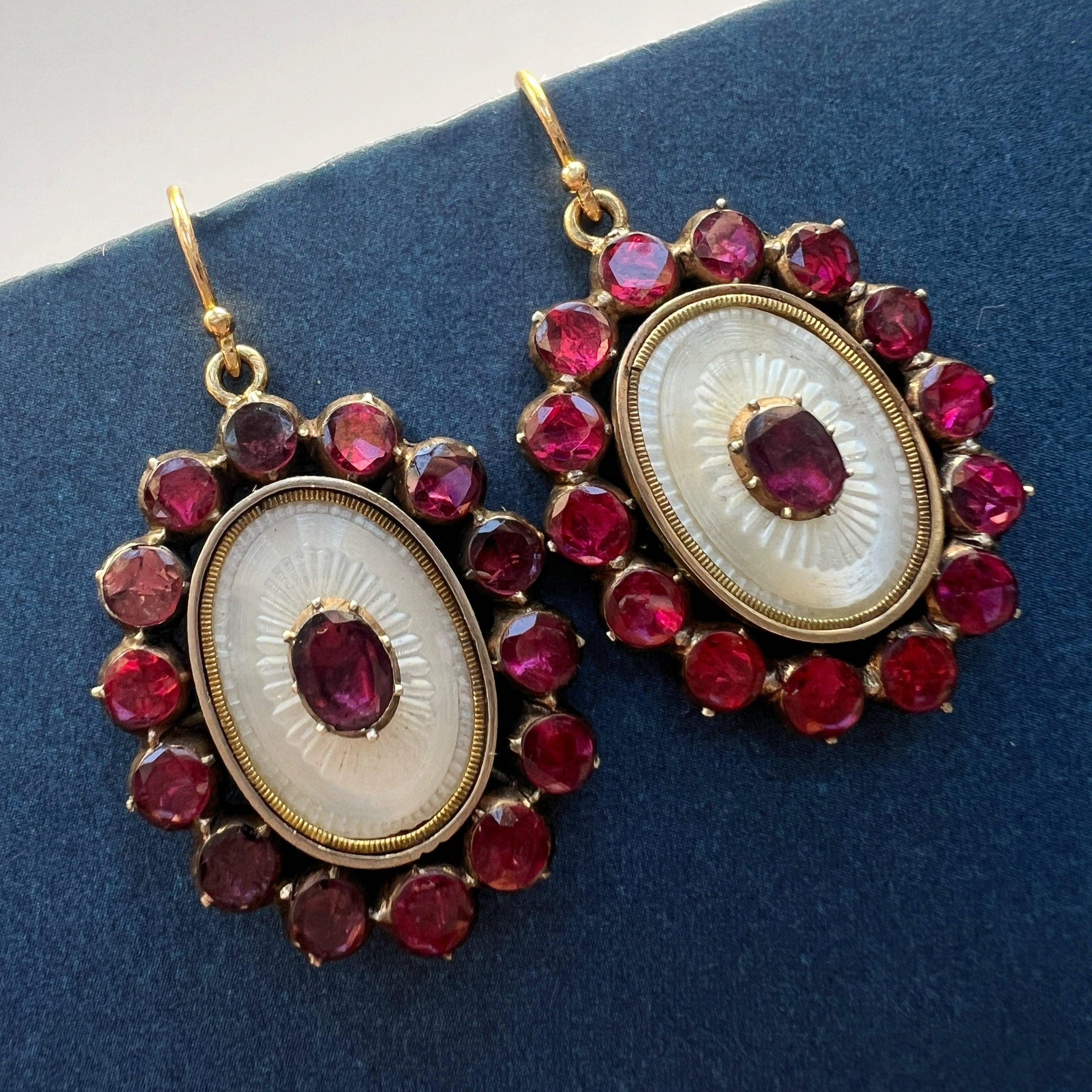 Georgian era 18K Gold Garnets Mother of Pearl Earrings