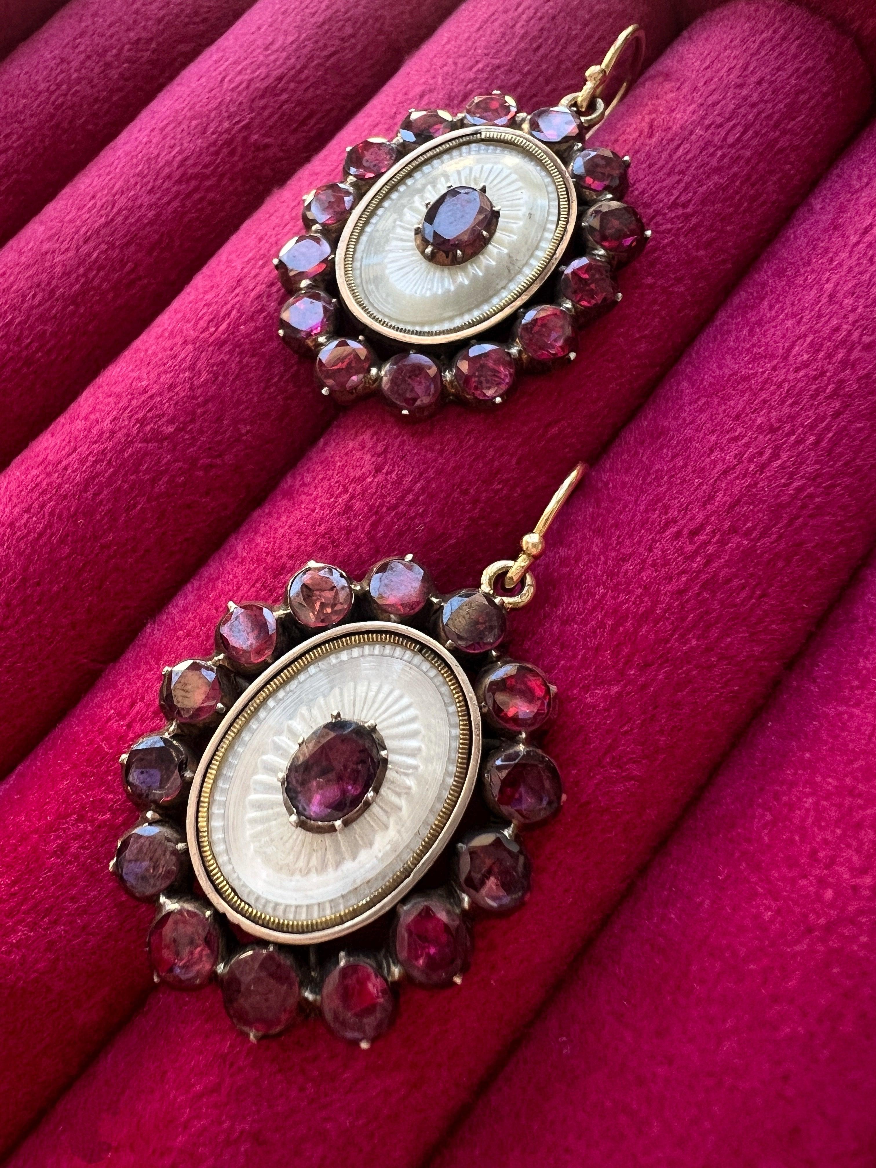 Georgian era 18K Gold Mother of Pearl Garnets Earrings