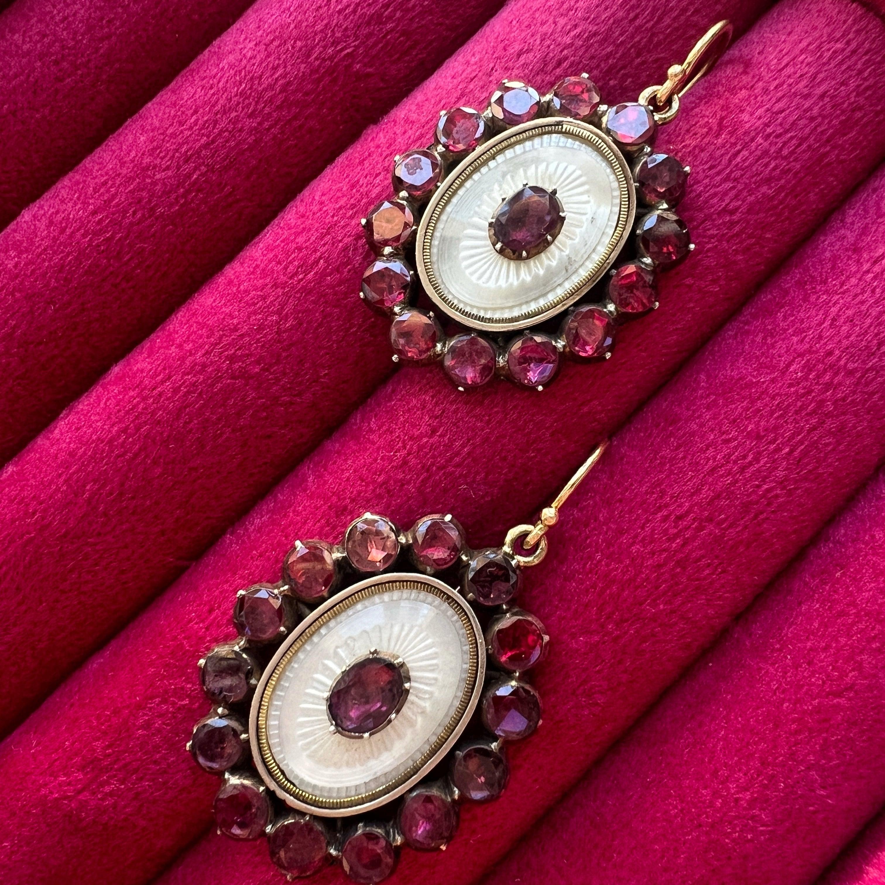 Georgian era 18K Gold Garnets Mother of Pearl Earrings