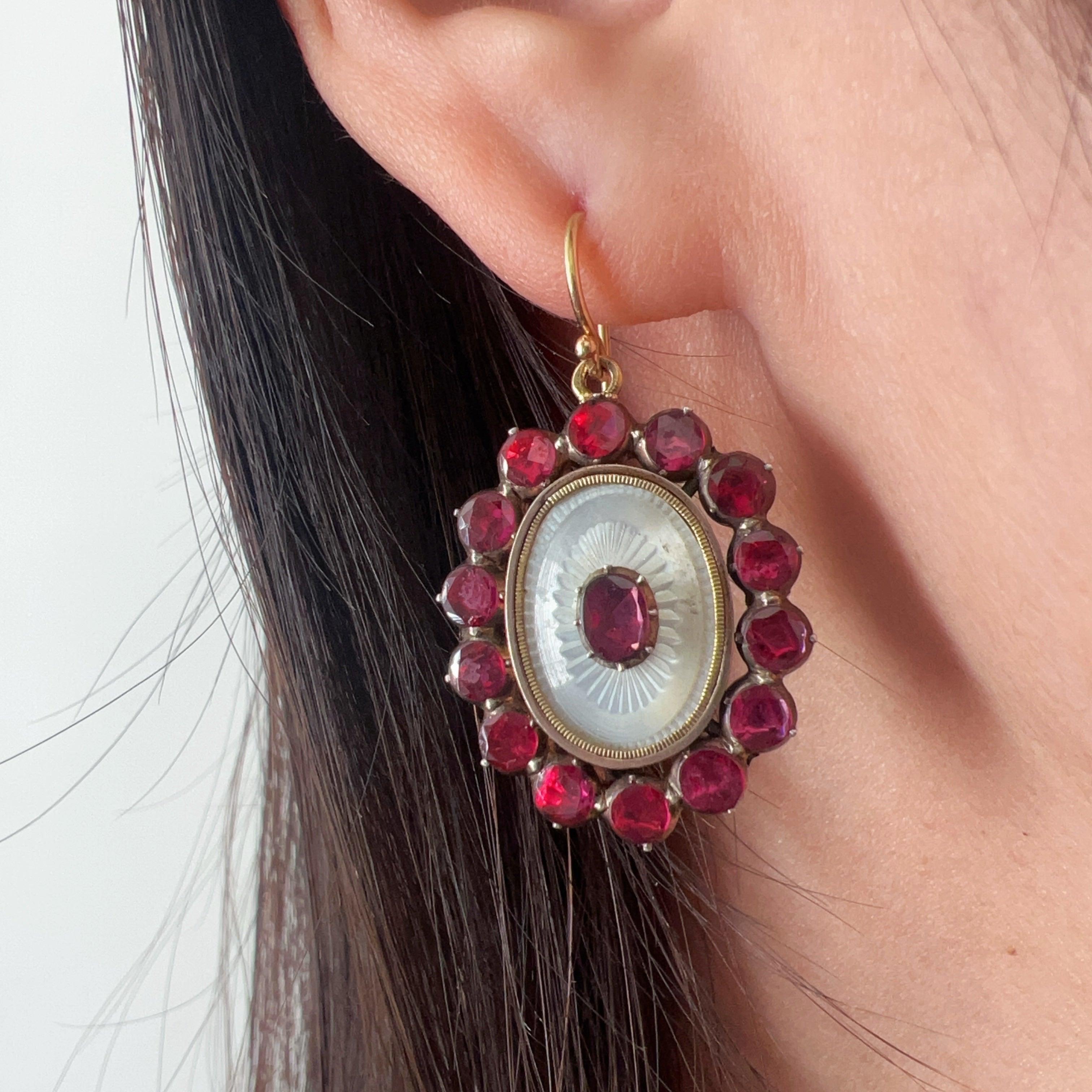 Georgian era 18K Gold Mother of Pearl Garnets Earrings