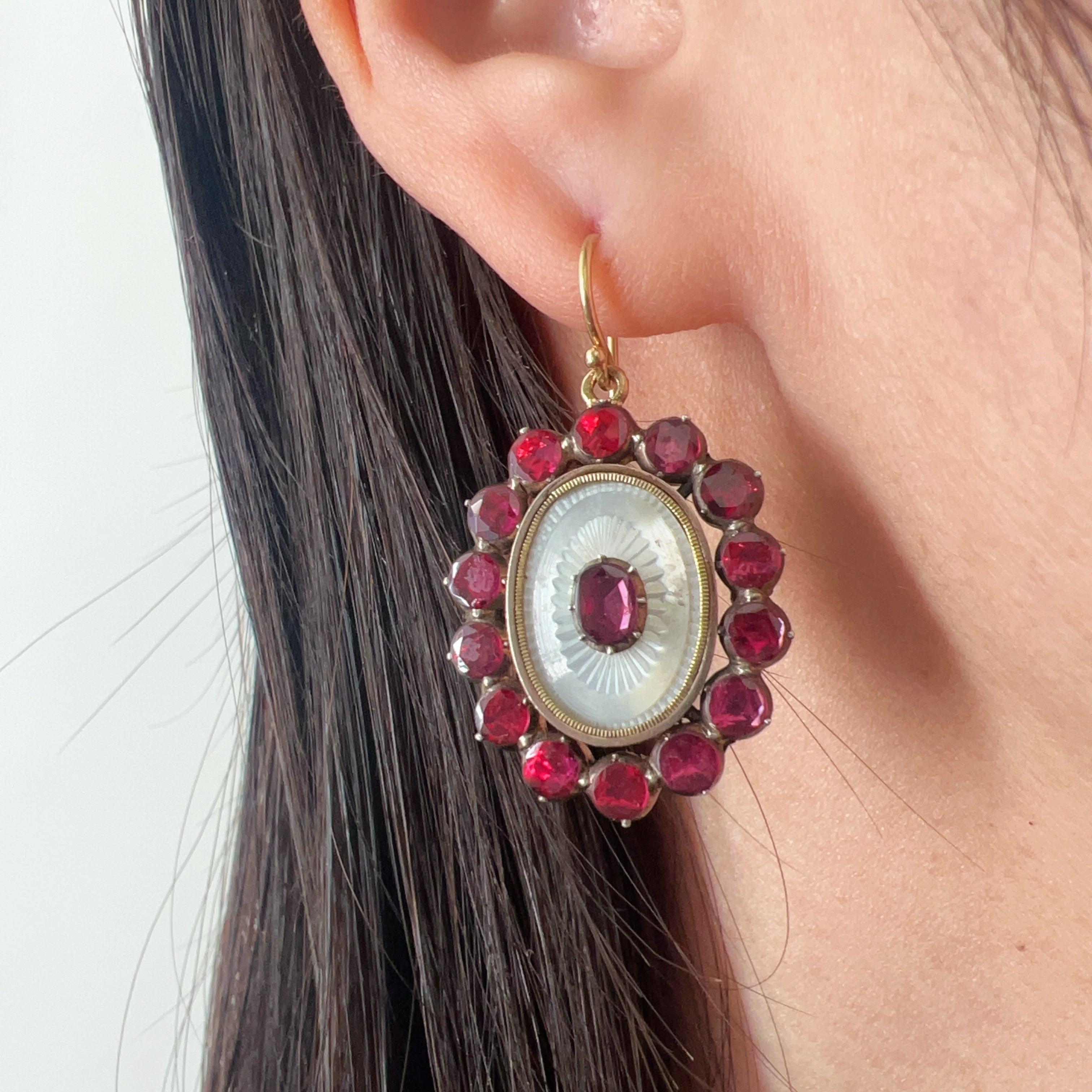 Georgian era 18K Gold Mother of Pearl Garnets Earrings
