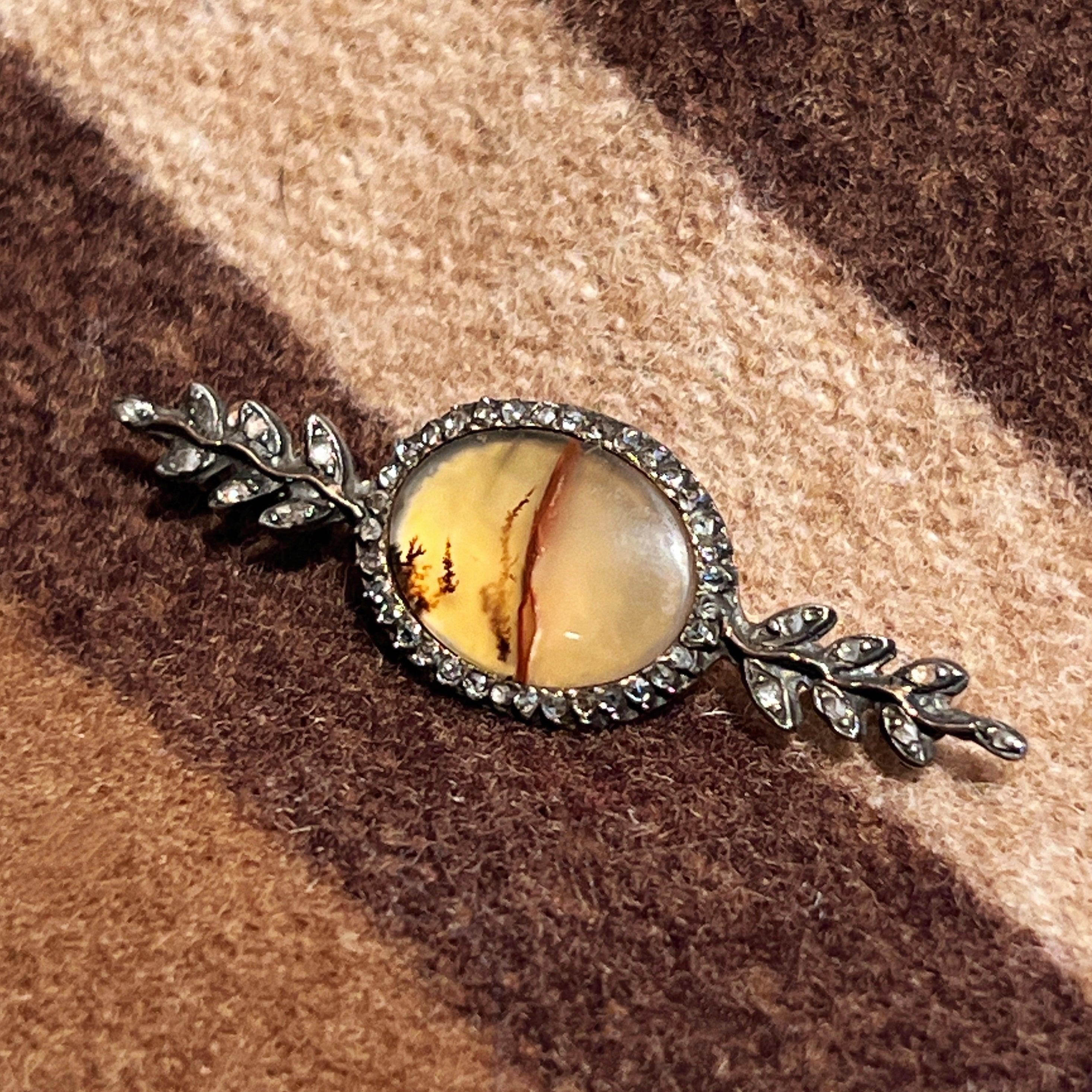Victorian 18K gold Dendritic Agate Rose Cut Diamond Brooch