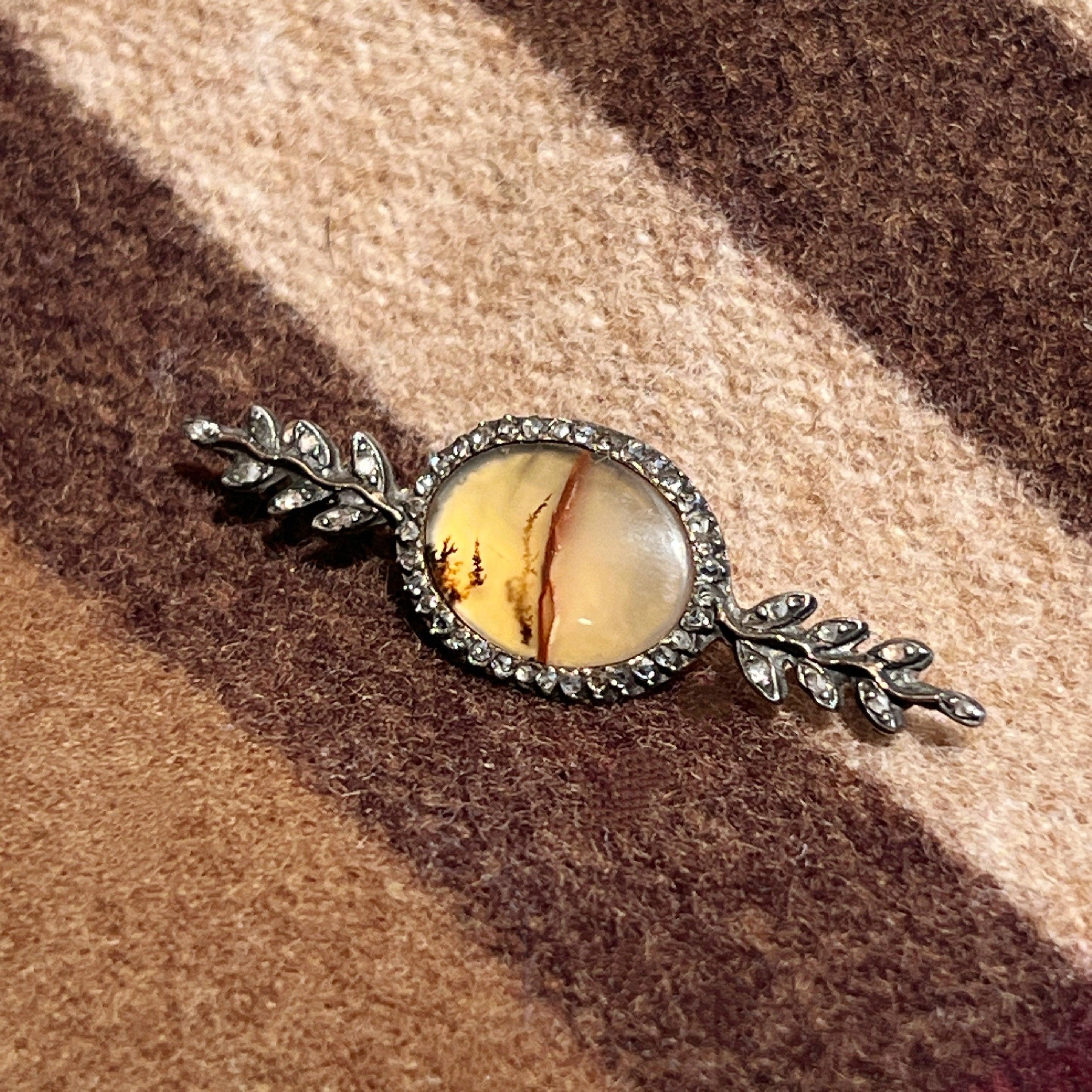 Victorian 18K gold Dendritic Agate Rose Cut Diamond Brooch
