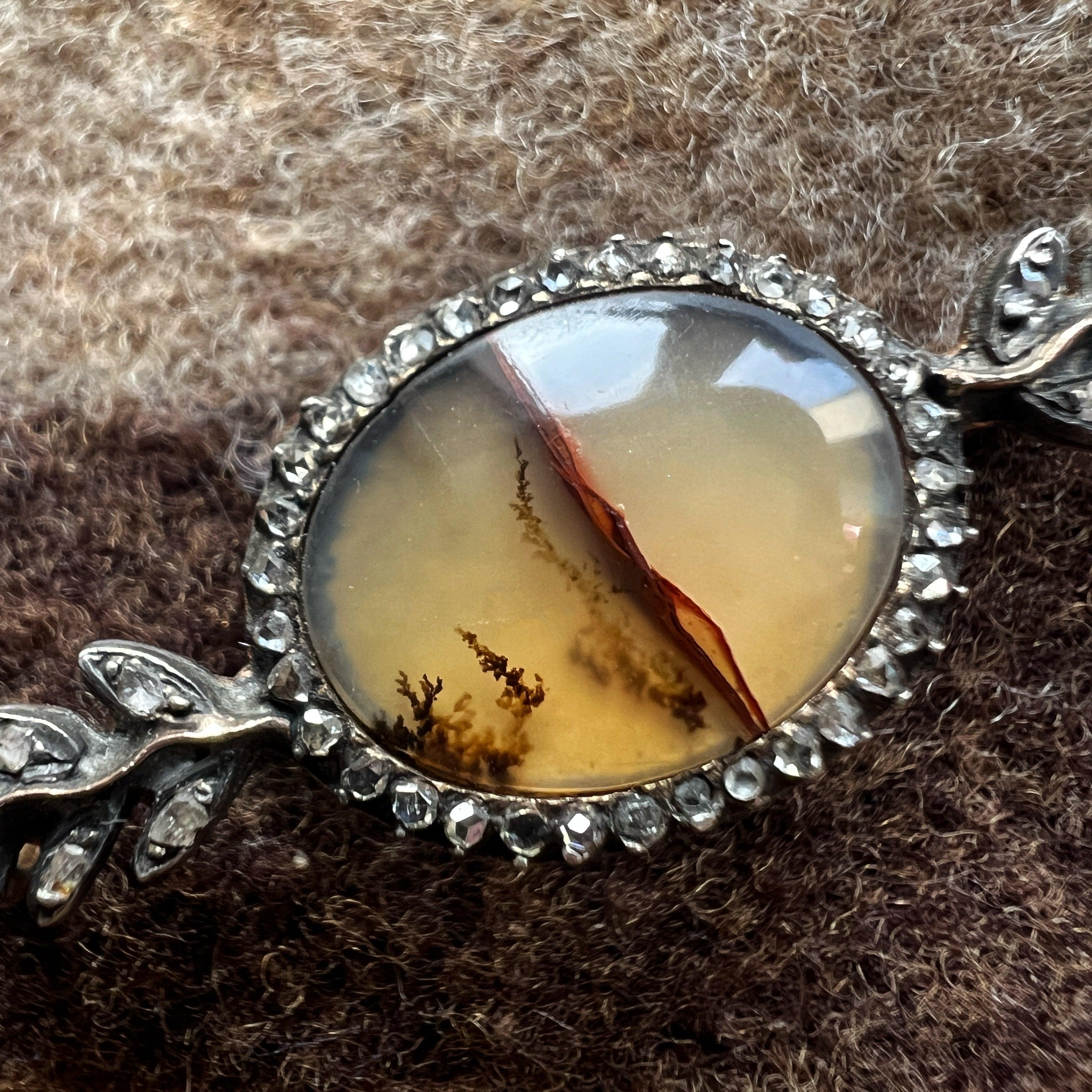 Victorian 18K gold Dendritic Agate Rose Cut Diamond Brooch